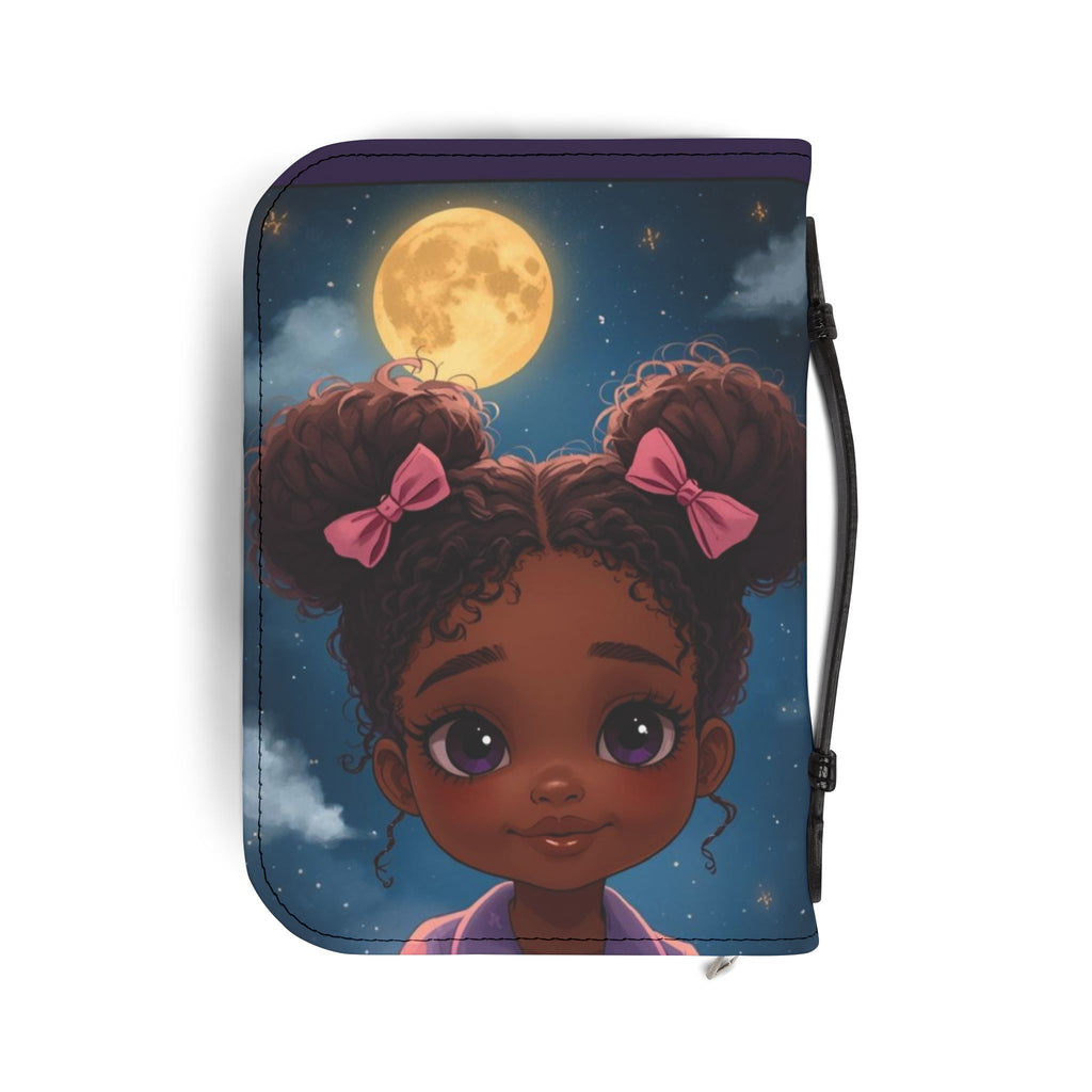 Bible Cover - Philippians 4:13 Inspirational Purple Zippered Bible Case with Cute Girl Moon Design