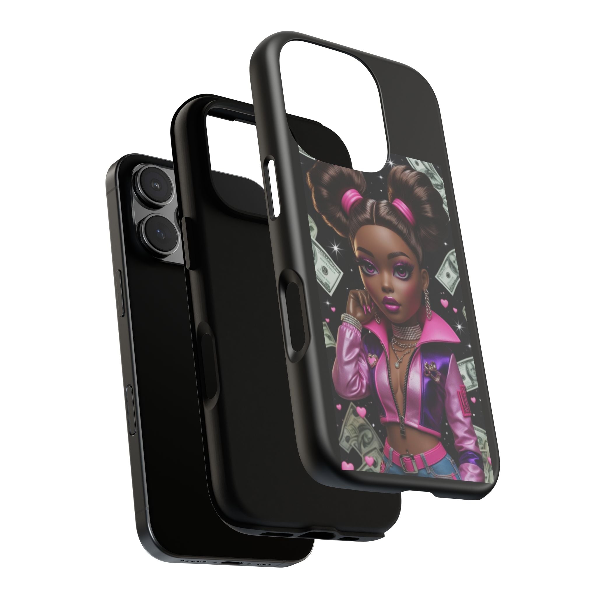 Money Babe Tough Phone Case — Afro Puff Girl Pink Leather Jacket