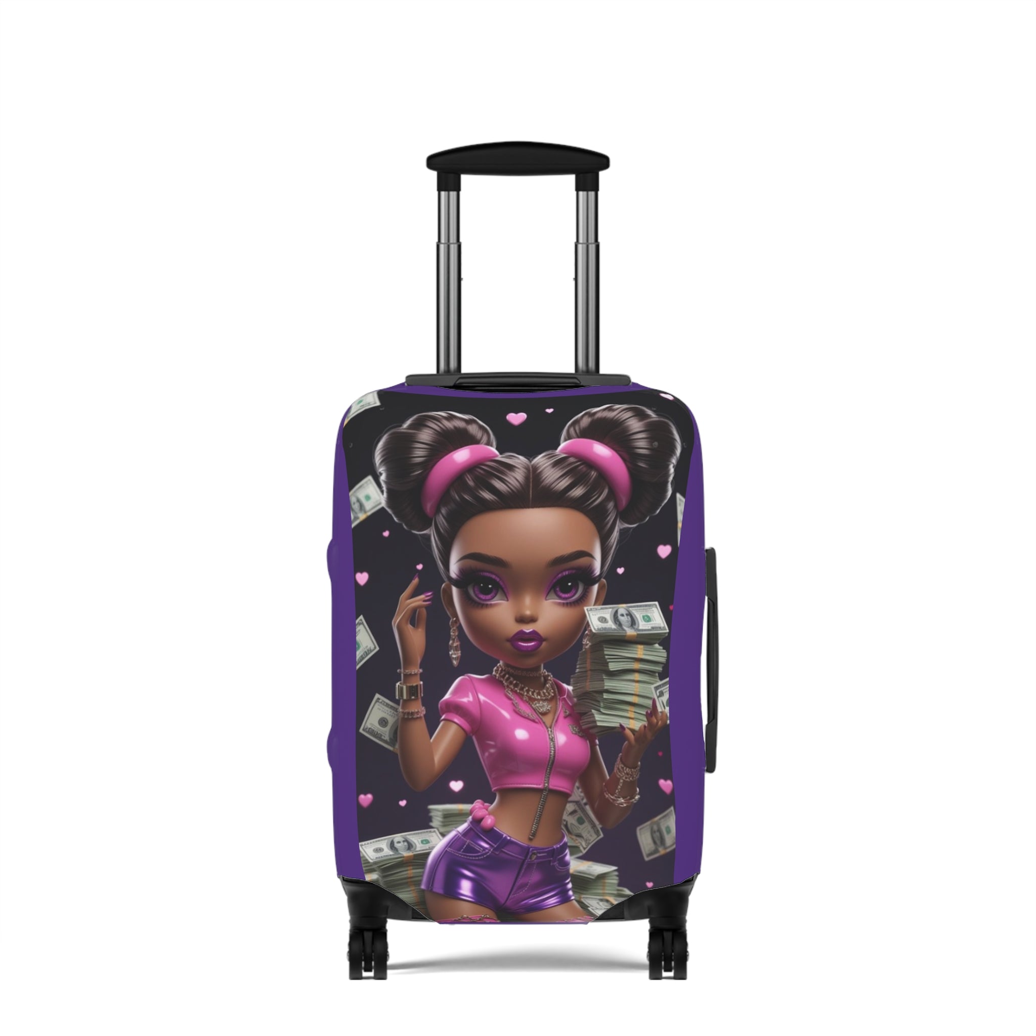 Cute Black Girl Power Luggage Cover — Girly Money Stack Travel Protector (Purple)