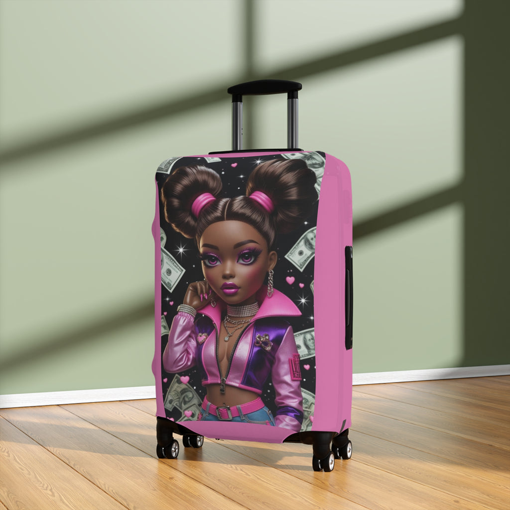 Pink Boss Babe Luggage Cover — Stylish Travel Case Protector with Money Girl Illustration