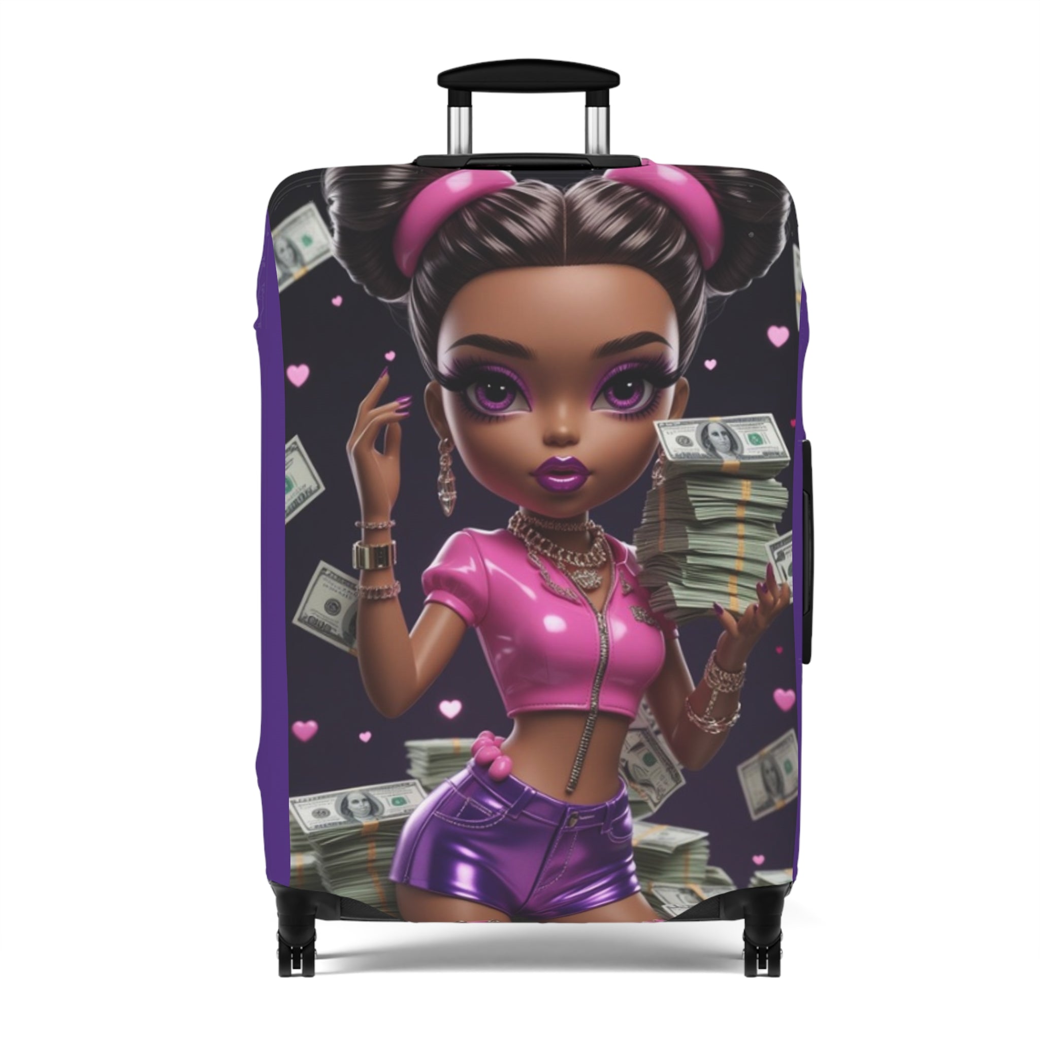 Cute Black Girl Power Luggage Cover — Girly Money Stack Travel Protector (Purple)
