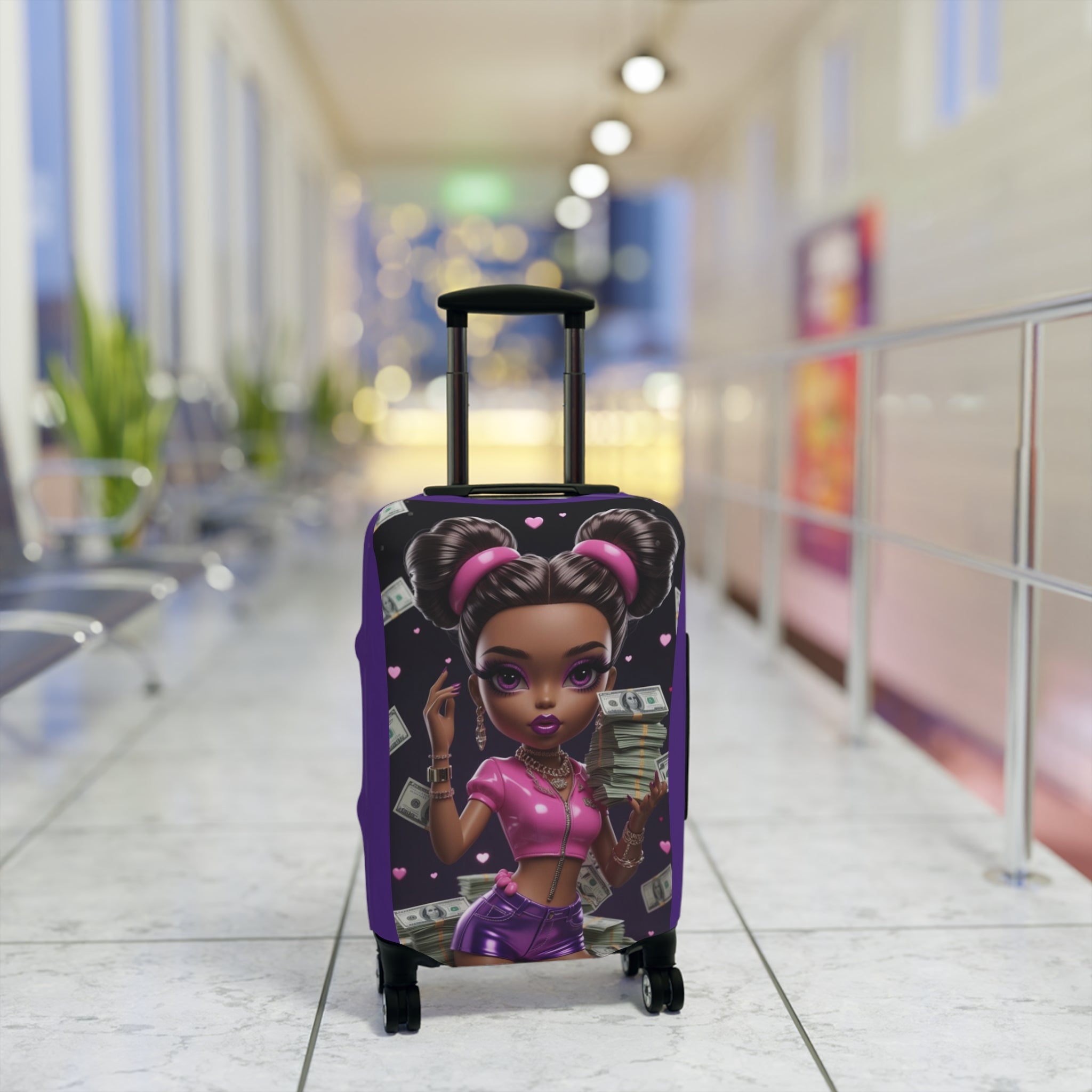 Cute Black Girl Power Luggage Cover — Girly Money Stack Travel Protector (Purple)