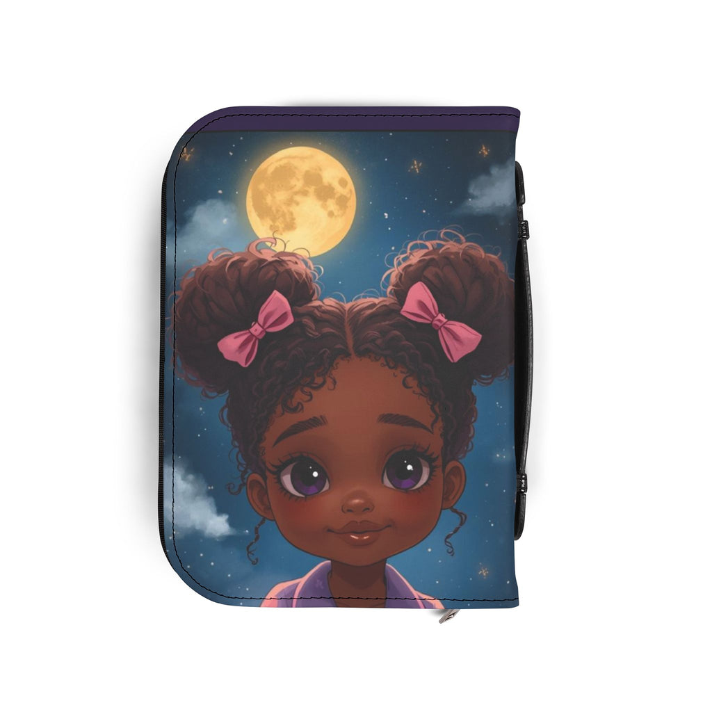 Bible Cover - Philippians 4:13 Inspirational Purple Zippered Bible Case with Cute Girl Moon Design