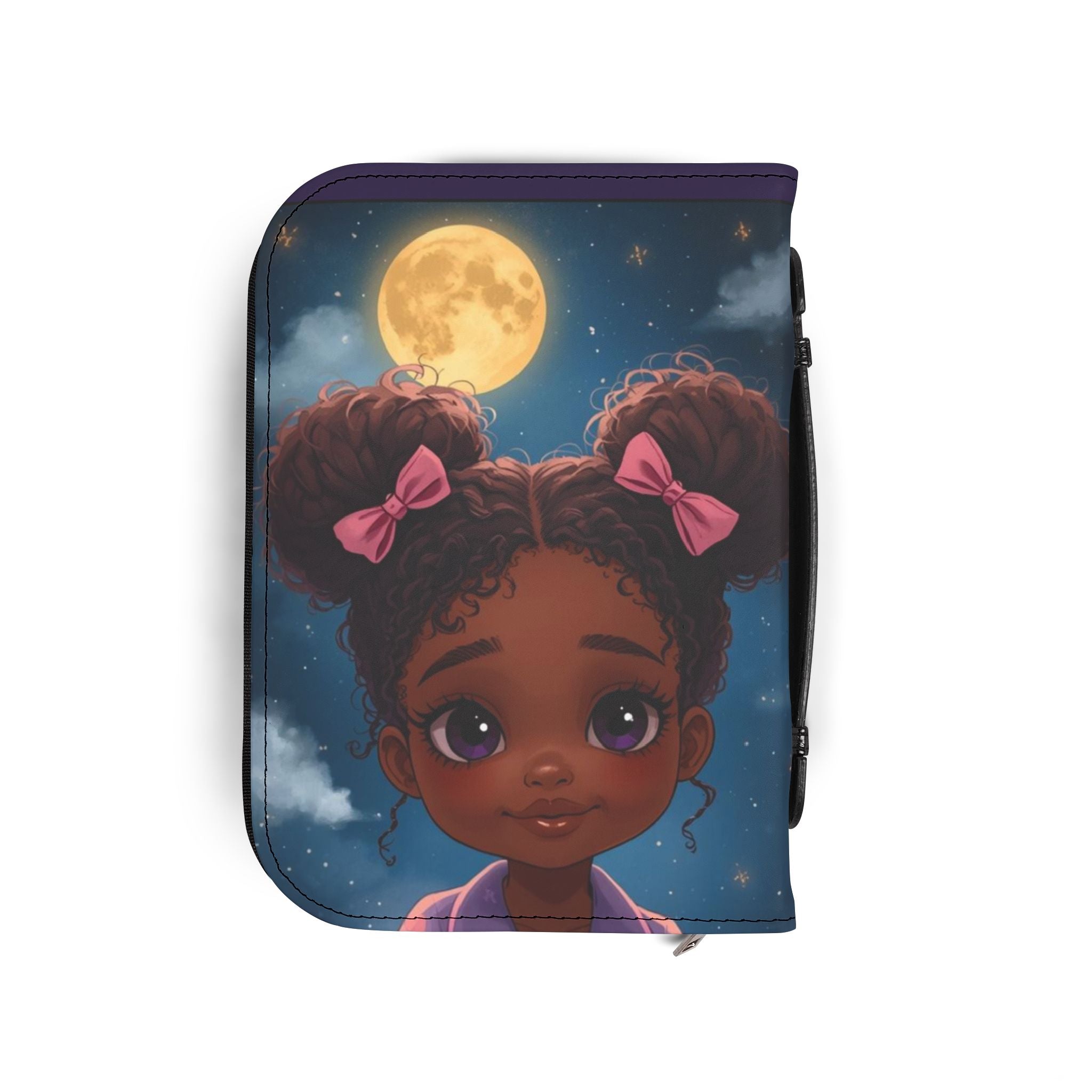 Bible Cover - Philippians 4:13 Inspirational Purple Zippered Bible Case with Cute Girl Moon Design