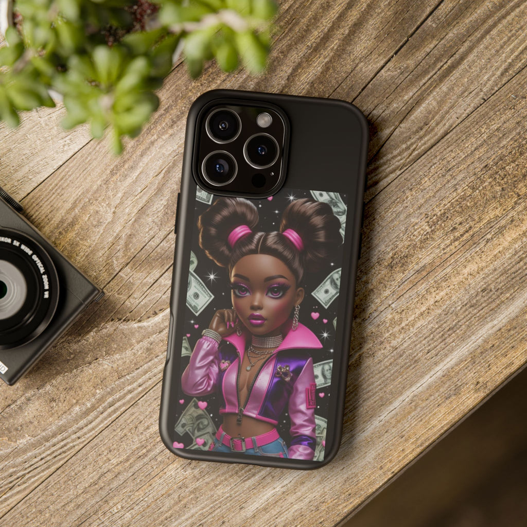 Money Babe Tough Phone Case — Afro Puff Girl Pink Leather Jacket