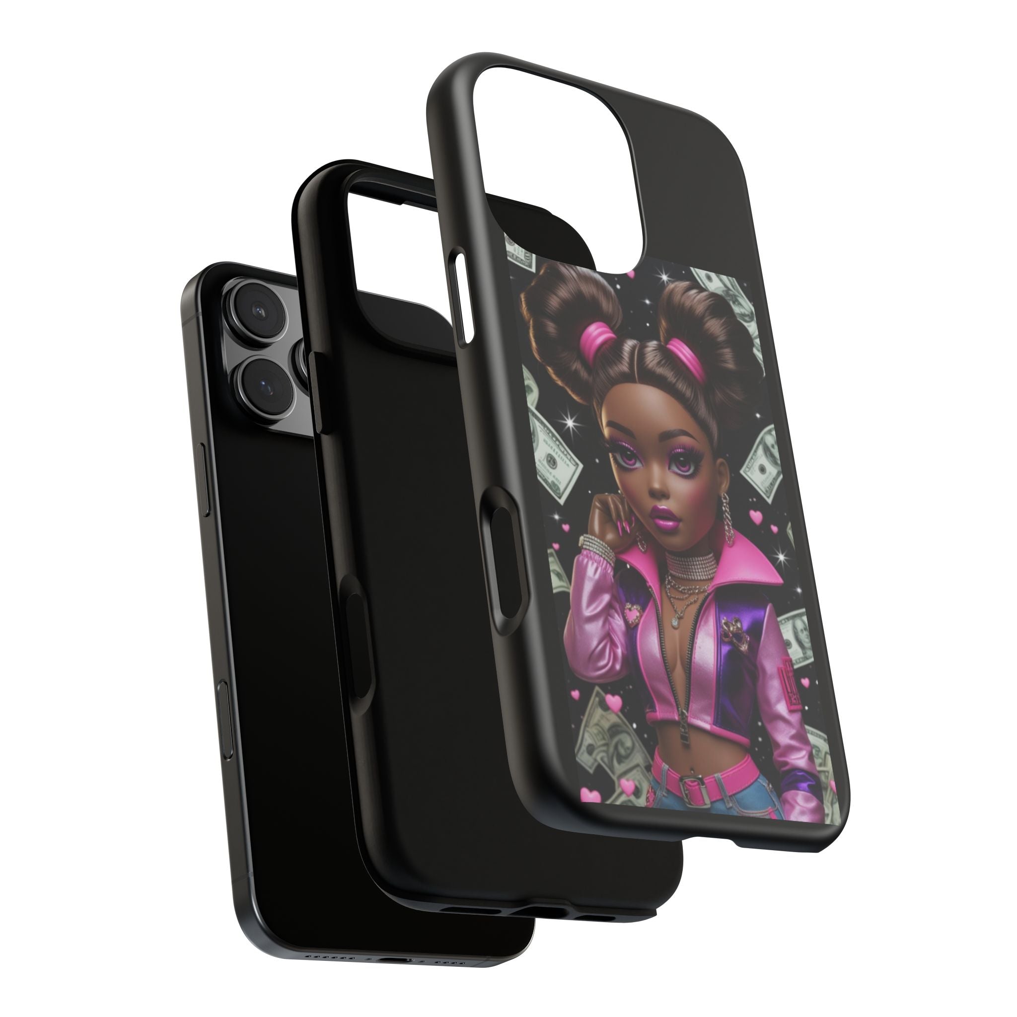 Money Babe Tough Phone Case — Afro Puff Girl Pink Leather Jacket