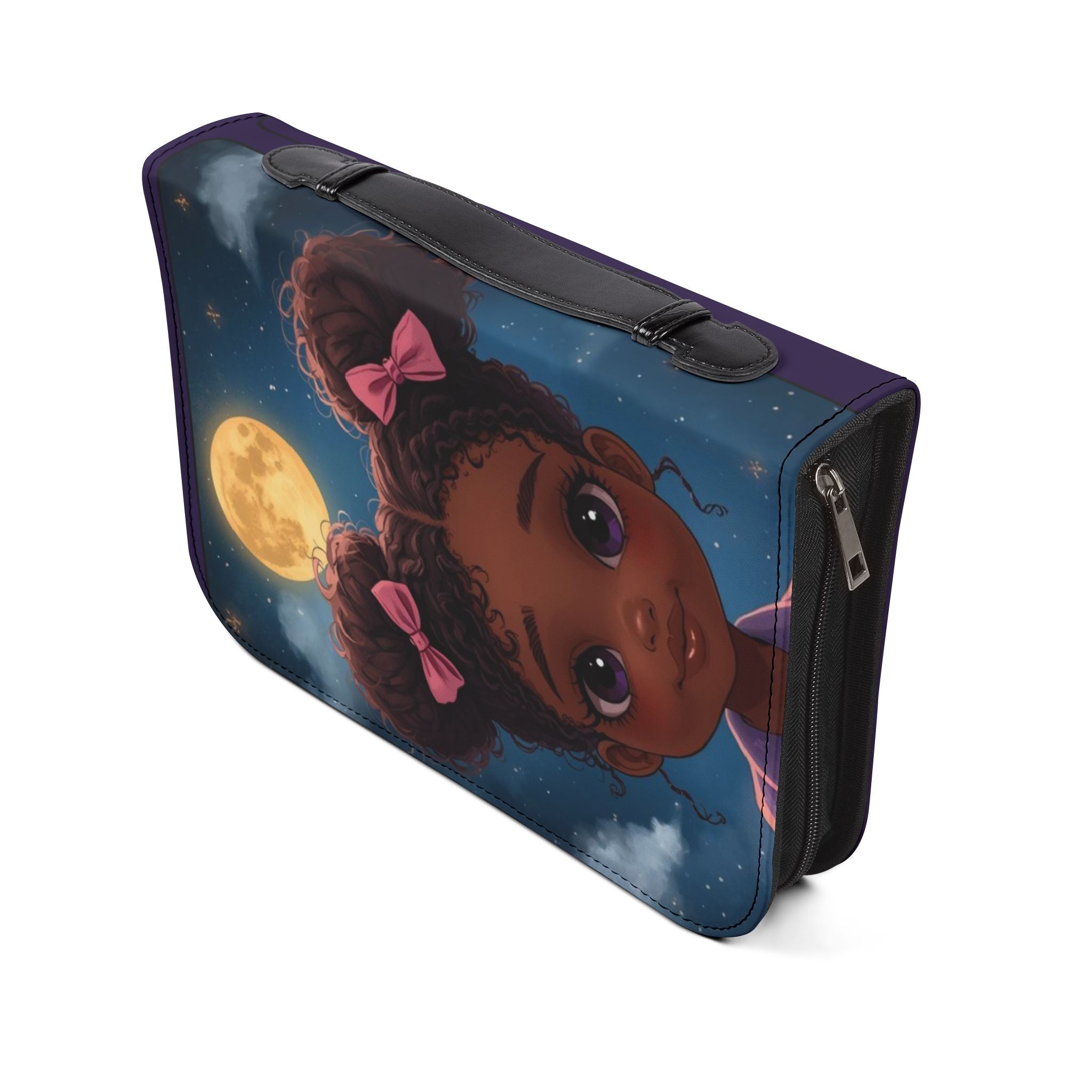 Bible Cover - Philippians 4:13 Inspirational Purple Zippered Bible Case with Cute Girl Moon Design