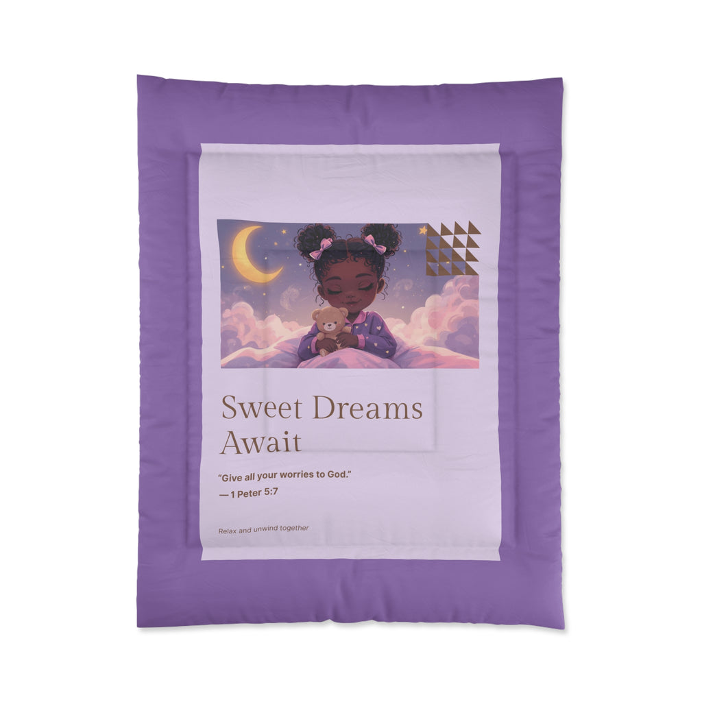 Sweet Dreams Await Comforter – Purple Kids’ Nighttime Bedding with Cute Girl Illustration & Bible Verse