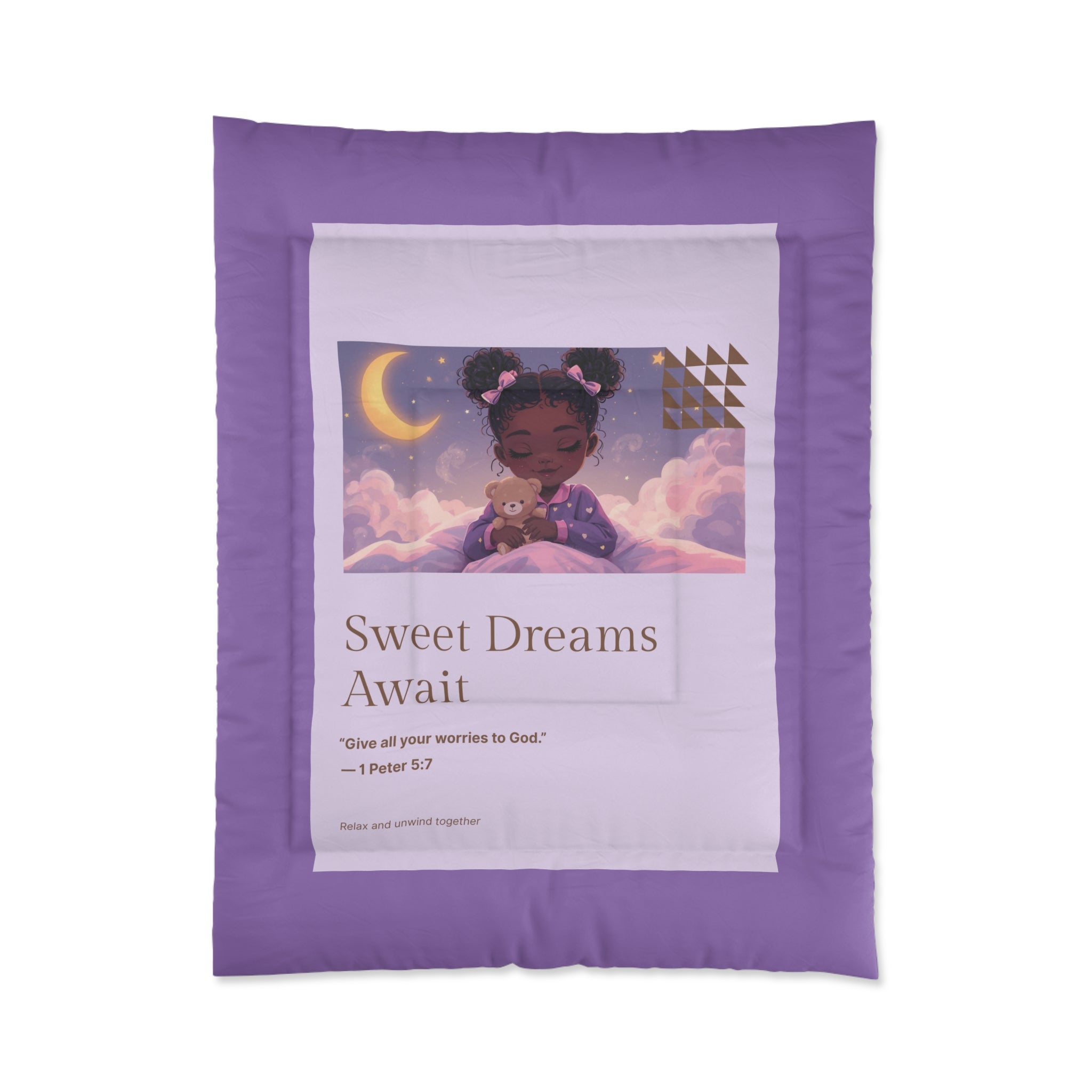 Sweet Dreams Await Comforter – Purple Kids’ Nighttime Bedding with Cute Girl Illustration & Bible Verse