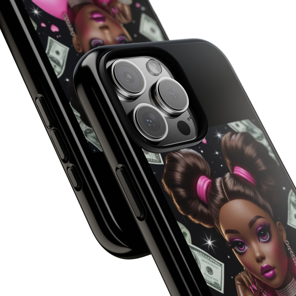 Money Babe Tough Phone Case — Afro Puff Girl Pink Leather Jacket