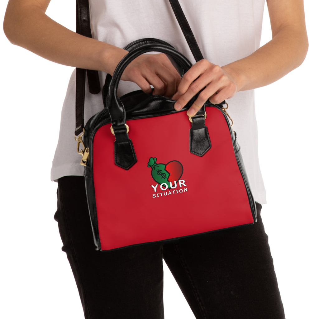 Red Shoulder Handbag — 'Your Situation' Green Apple Logo Purse