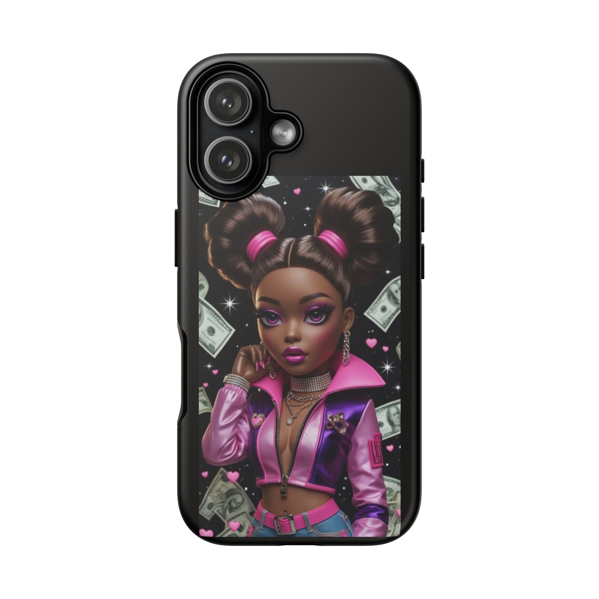 Money Babe Tough Phone Case — Afro Puff Girl Pink Leather Jacket