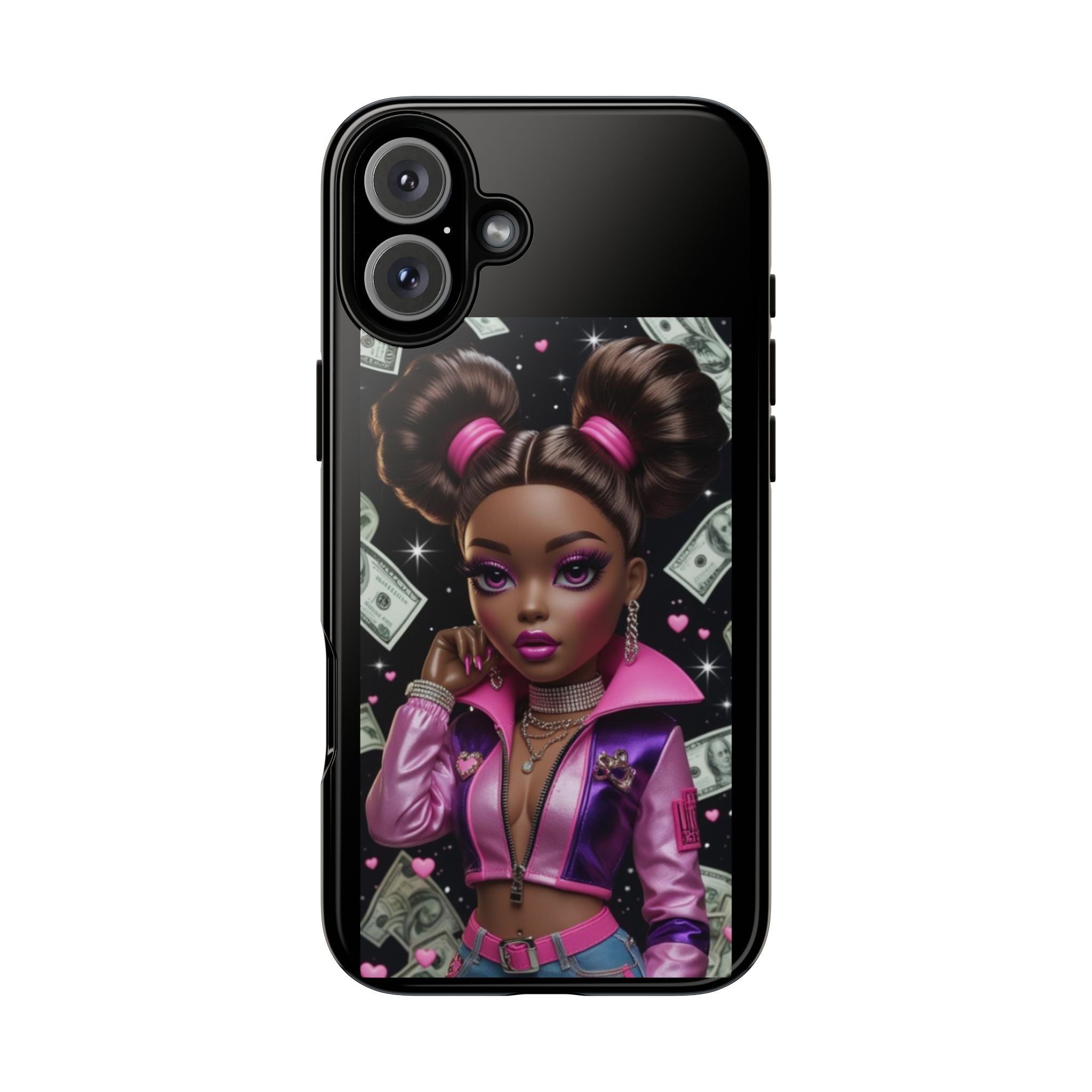 Money Babe Tough Phone Case — Afro Puff Girl Pink Leather Jacket