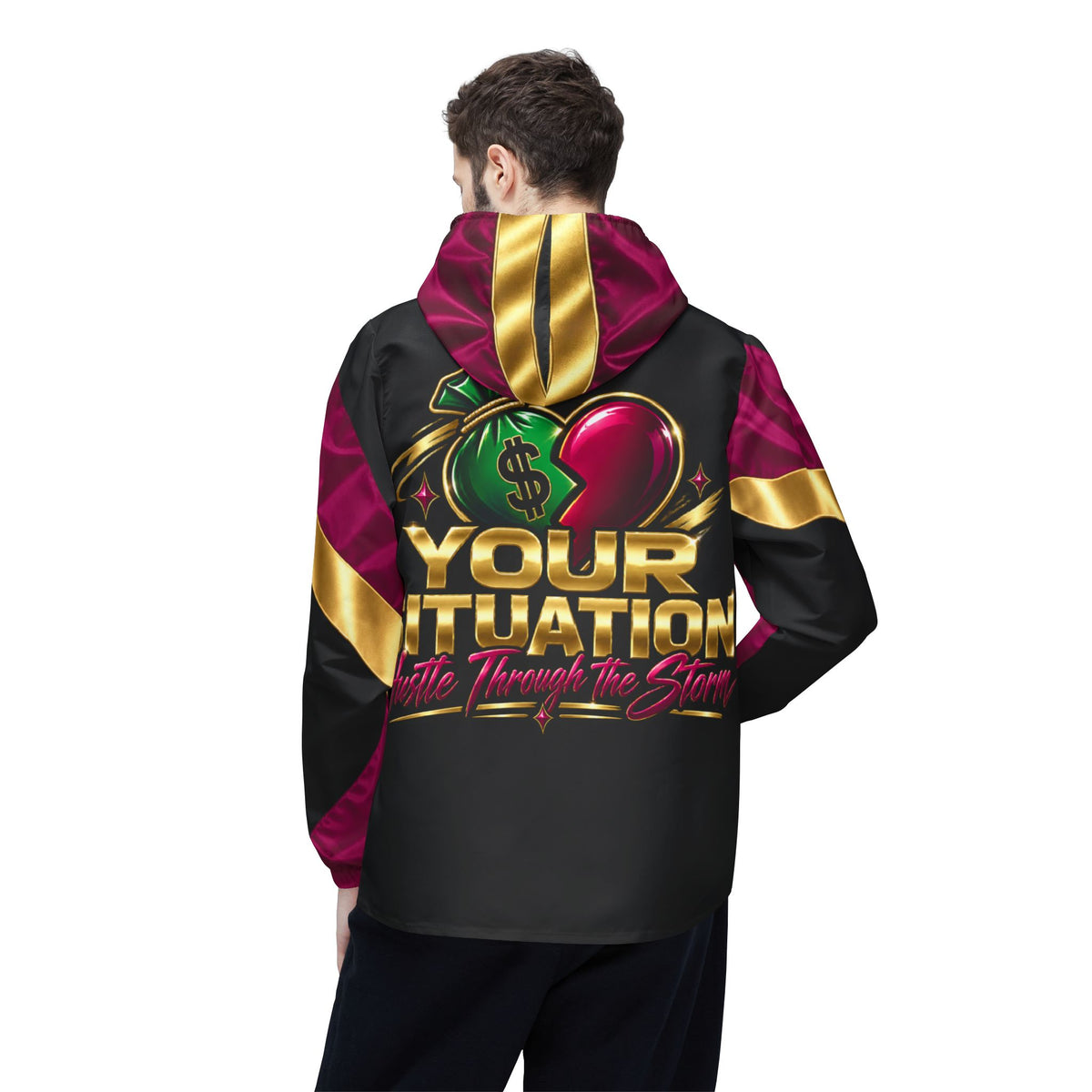 Red Heart & Money Bag Windbreaker Jacket — "Your Situation" Graphic Hooded Windbreaker