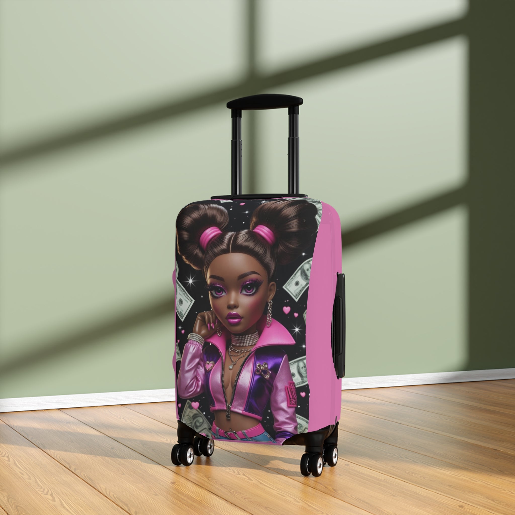 Pink Boss Babe Luggage Cover — Stylish Travel Case Protector with Money Girl Illustration
