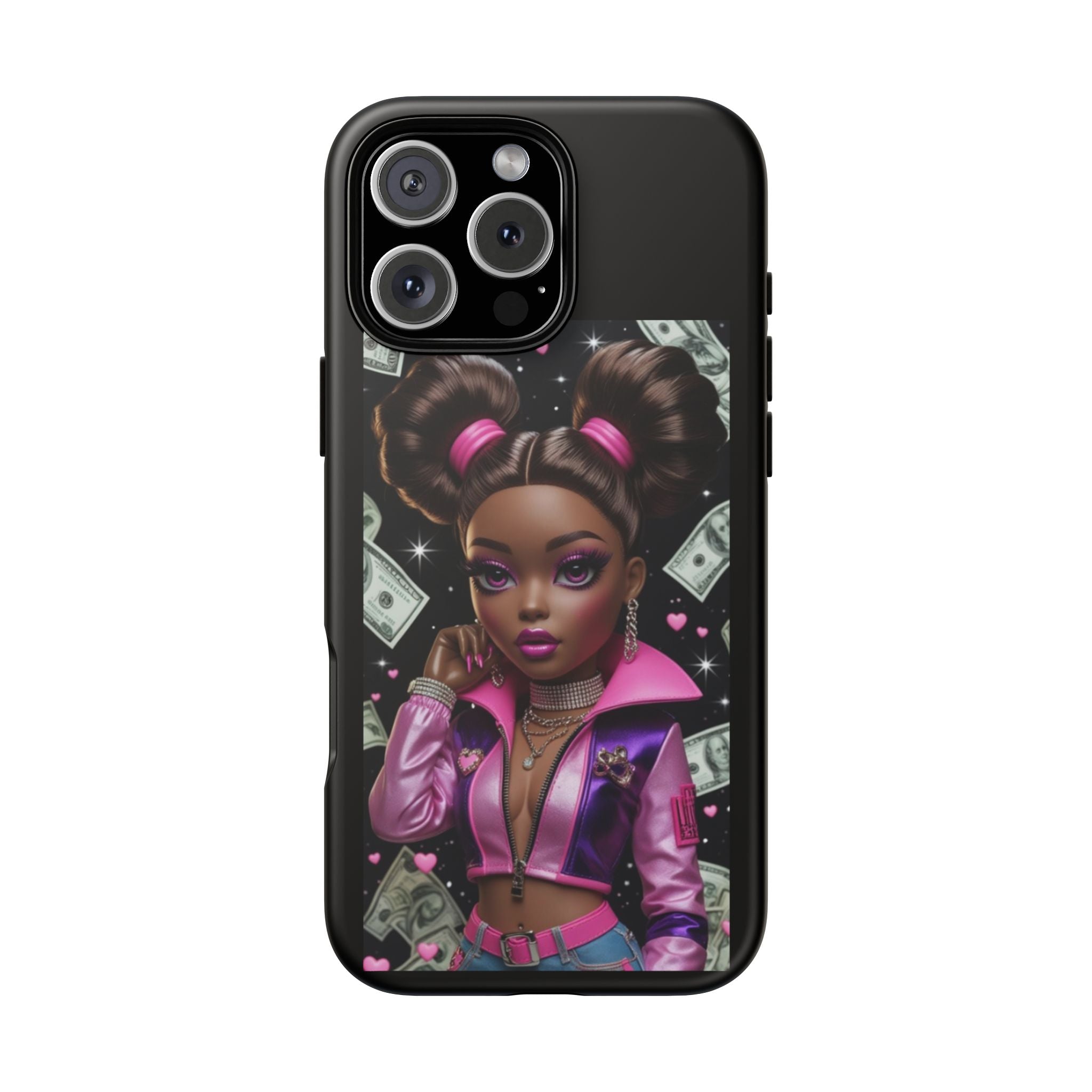 Money Babe Tough Phone Case — Afro Puff Girl Pink Leather Jacket