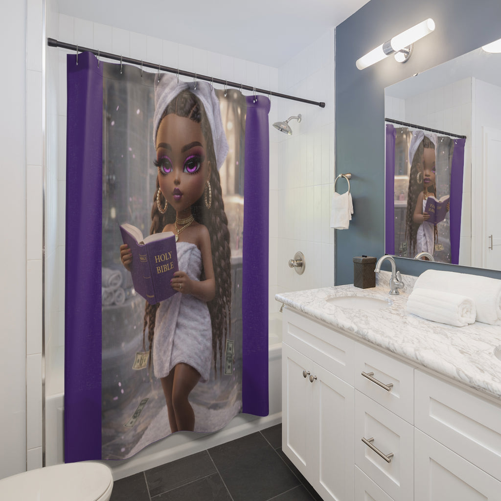 Purple Glam Faith-Inspired Shower Curtain | Stylish Doll Bathroom Decor