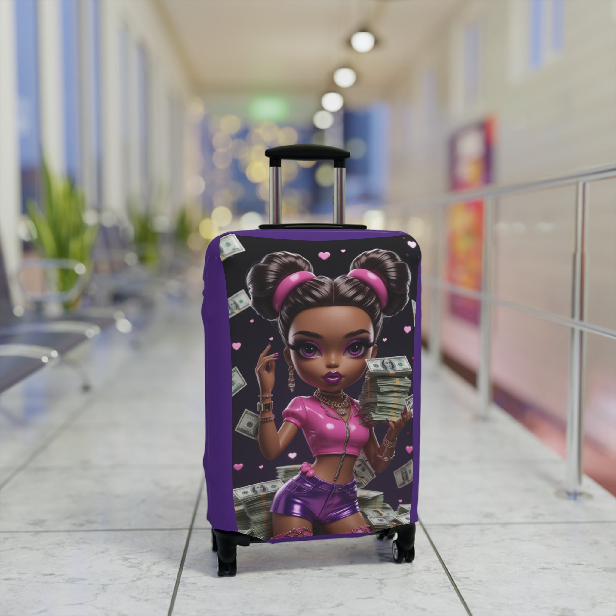 Cute Black Girl Power Luggage Cover — Girly Money Stack Travel Protector (Purple)