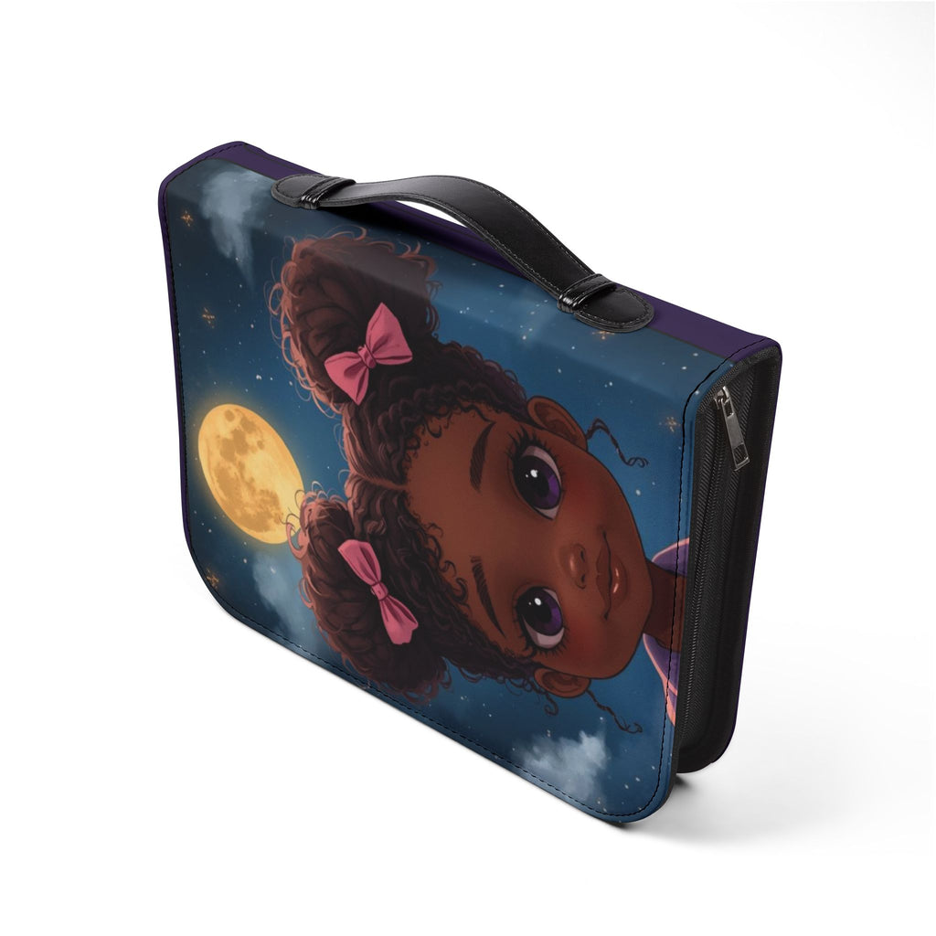 Bible Cover - Philippians 4:13 Inspirational Purple Zippered Bible Case with Cute Girl Moon Design