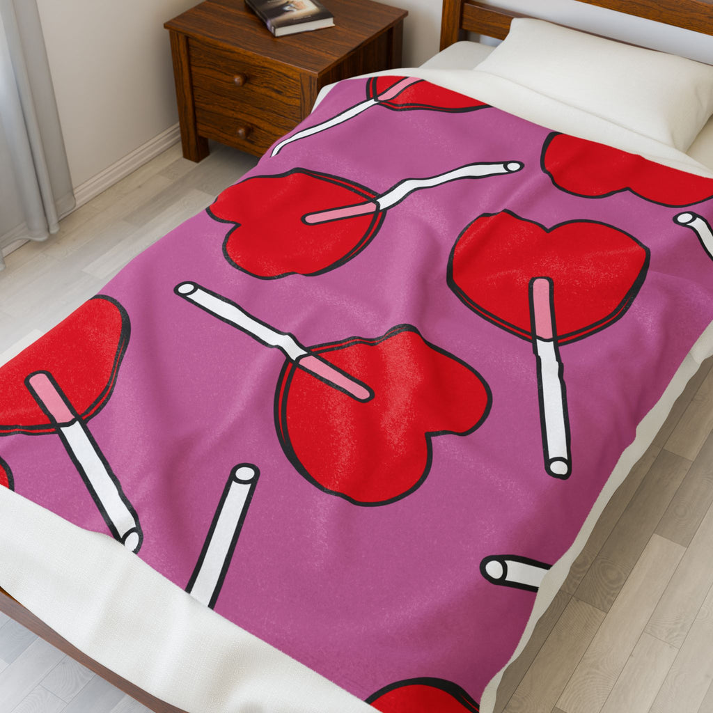 Heart Lollipop Plush Blanket — Pink Valentine Velveteen Throw