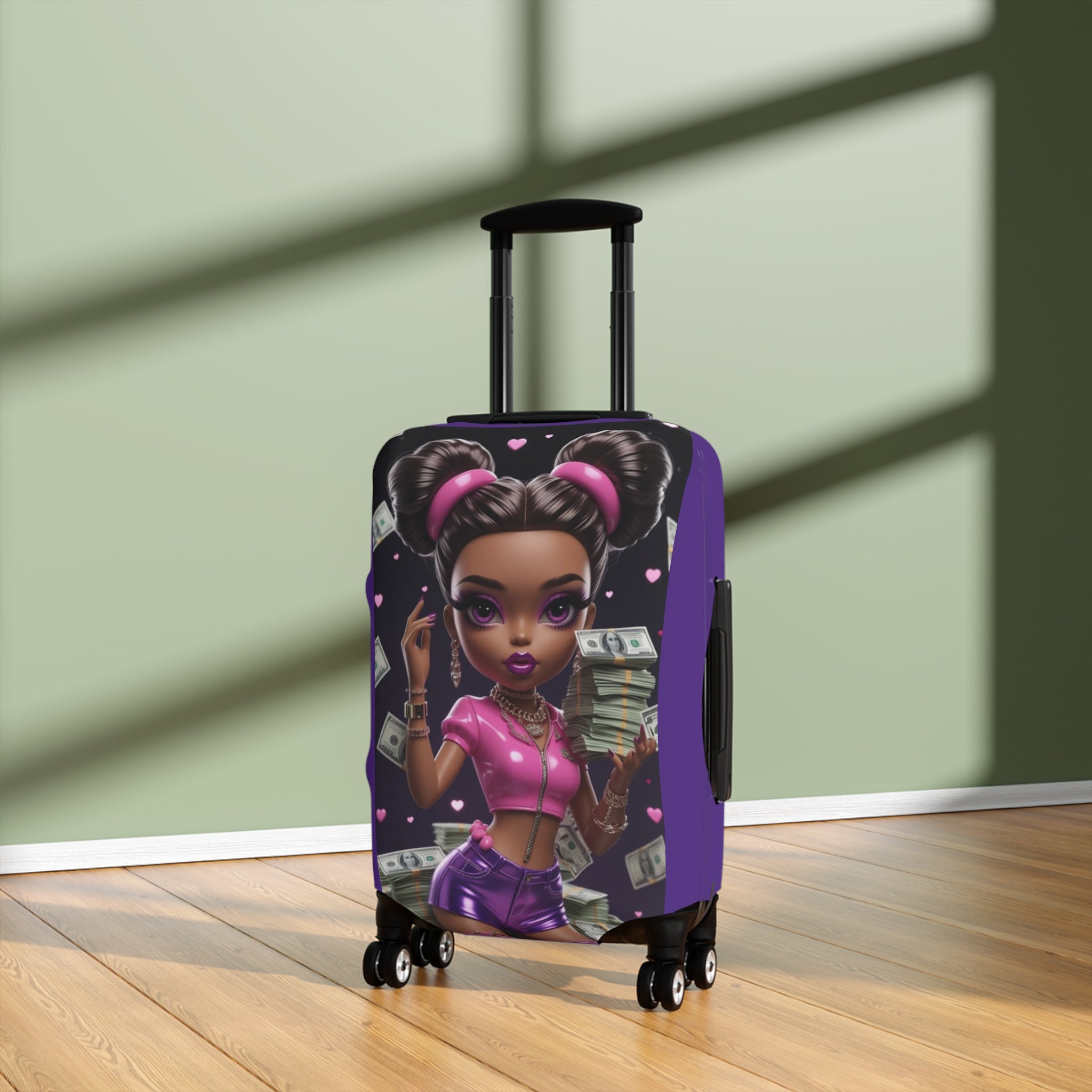 Cute Black Girl Power Luggage Cover — Girly Money Stack Travel Protector (Purple)