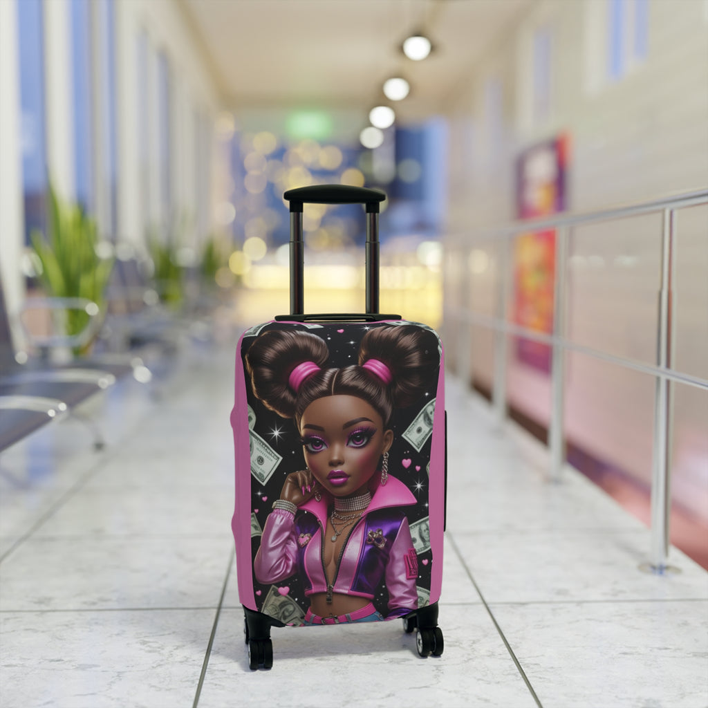 Pink Boss Babe Luggage Cover — Stylish Travel Case Protector with Money Girl Illustration