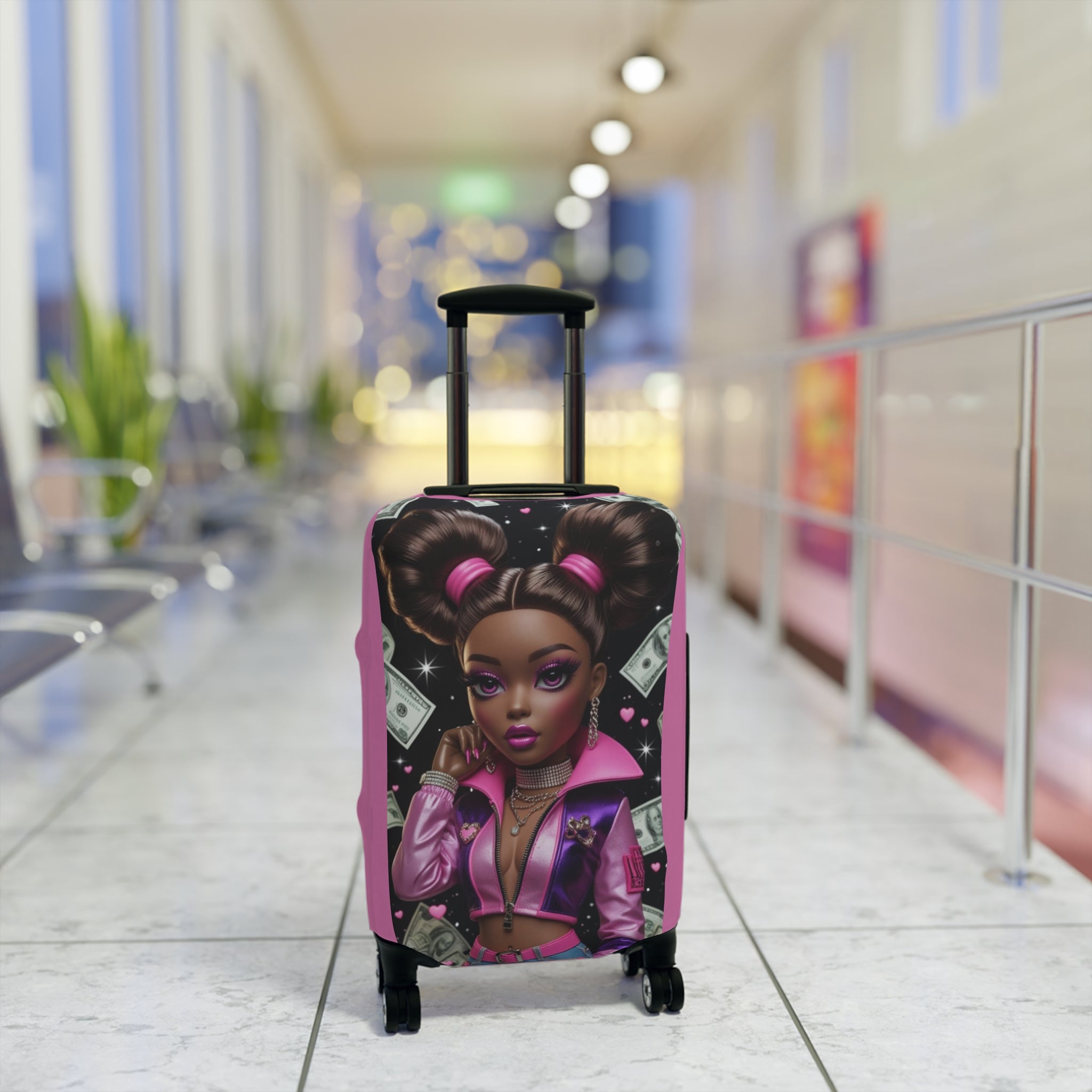 Pink Boss Babe Luggage Cover — Stylish Travel Case Protector with Money Girl Illustration