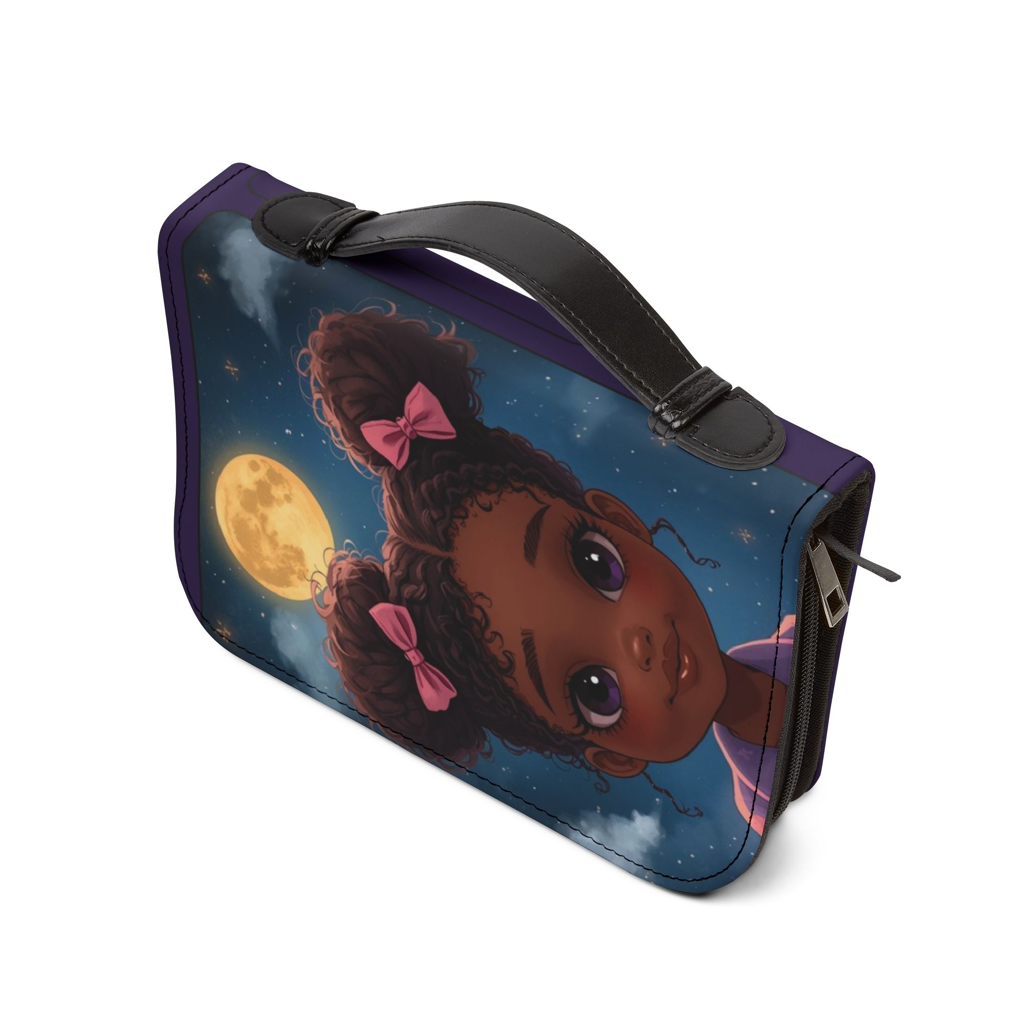 Bible Cover - Philippians 4:13 Inspirational Purple Zippered Bible Case with Cute Girl Moon Design