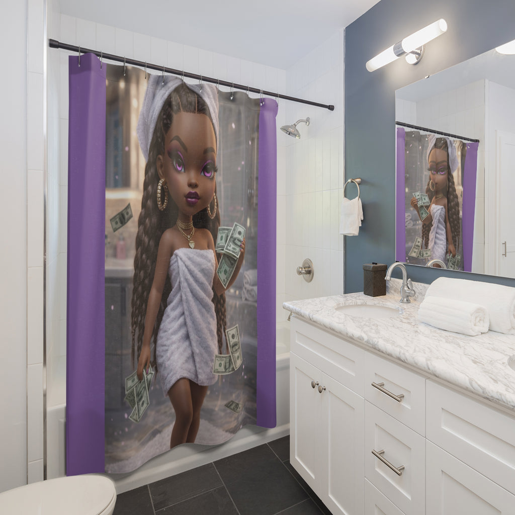 Luxury Doll Shower Curtain — Glam Bath Scene with Money and Purple Accents