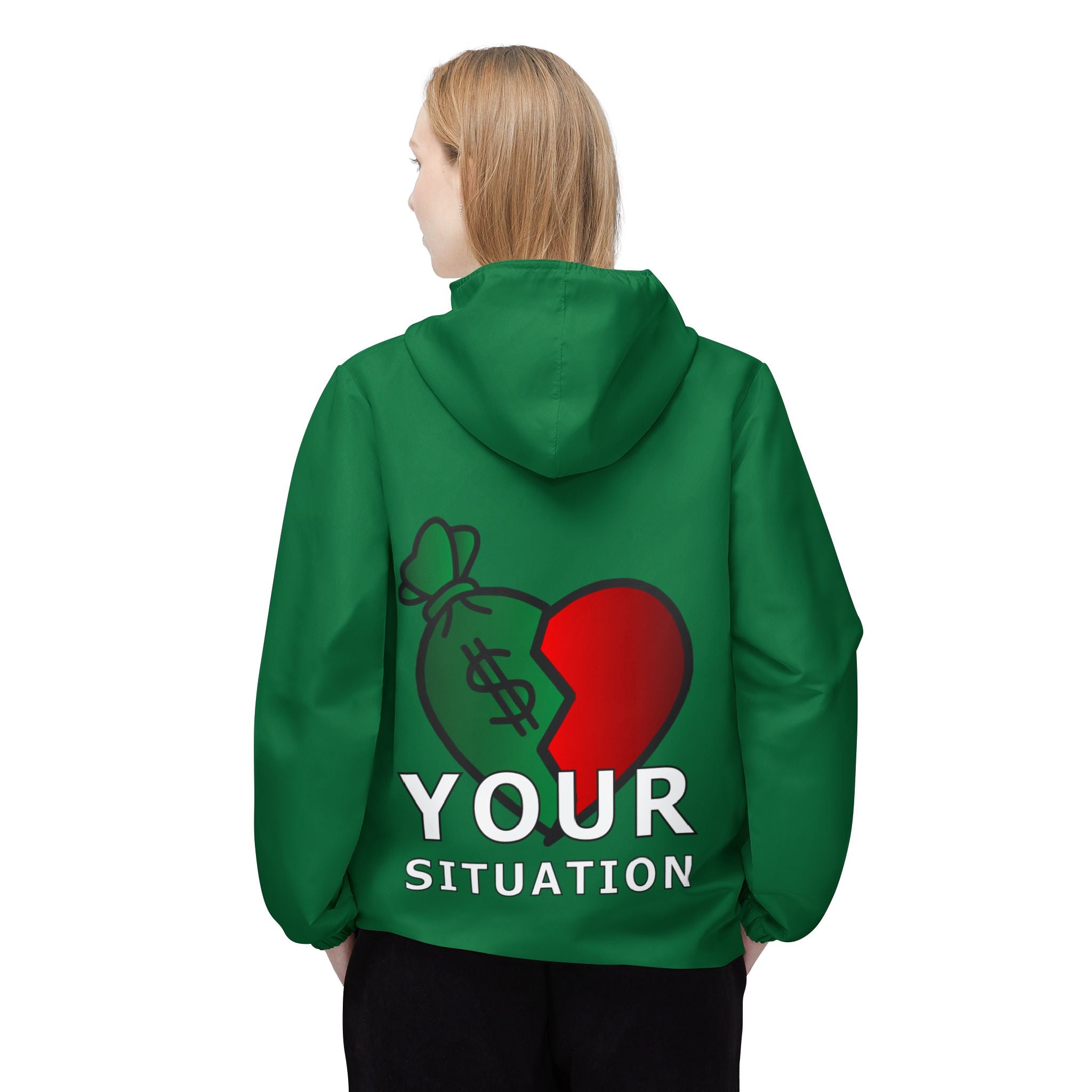 Red Heart & Money Bag Windbreaker Jacket — "Your Situation" Graphic Hooded Windbreaker