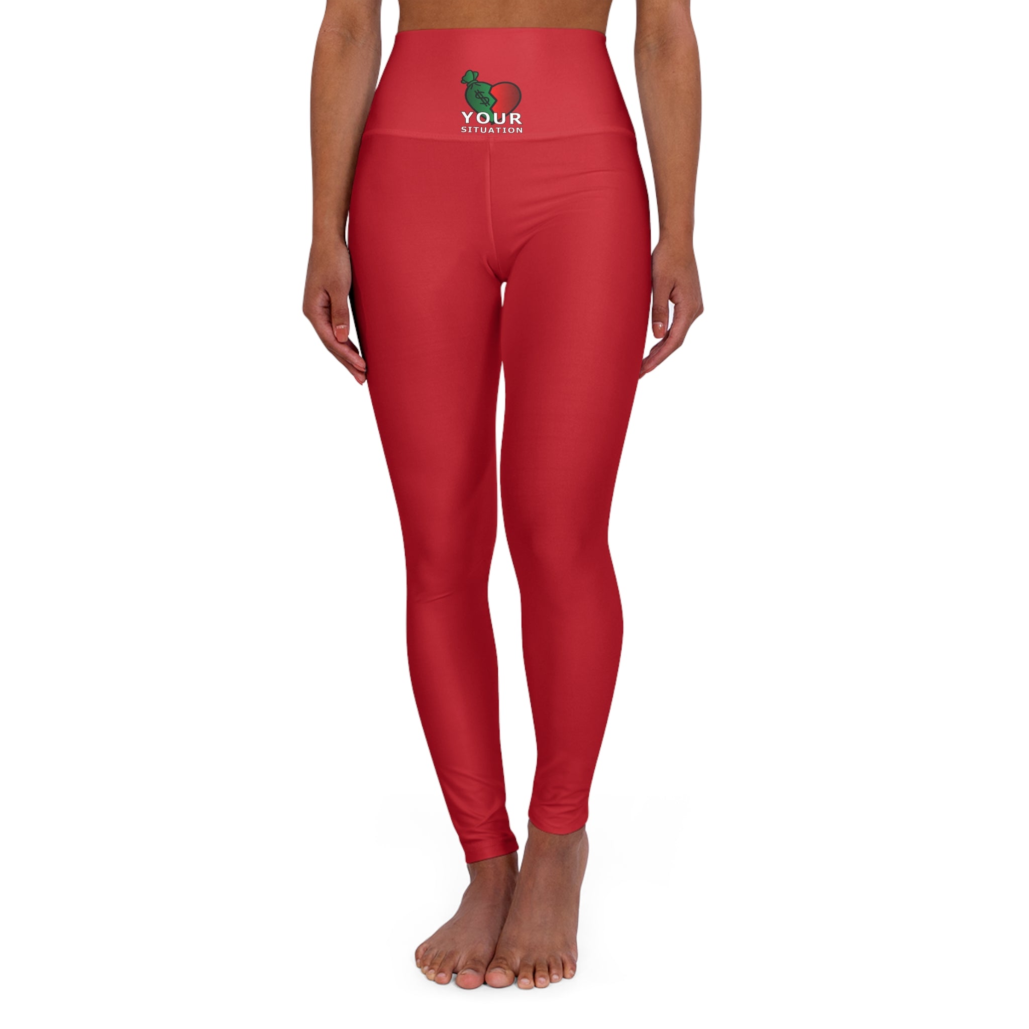 High-Waisted Red Yoga Leggings with Small Heart & 'Your Brand' Waist Logo