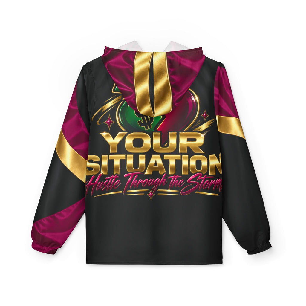 Red Heart & Money Bag Windbreaker Jacket — "Your Situation" Graphic Hooded Windbreaker