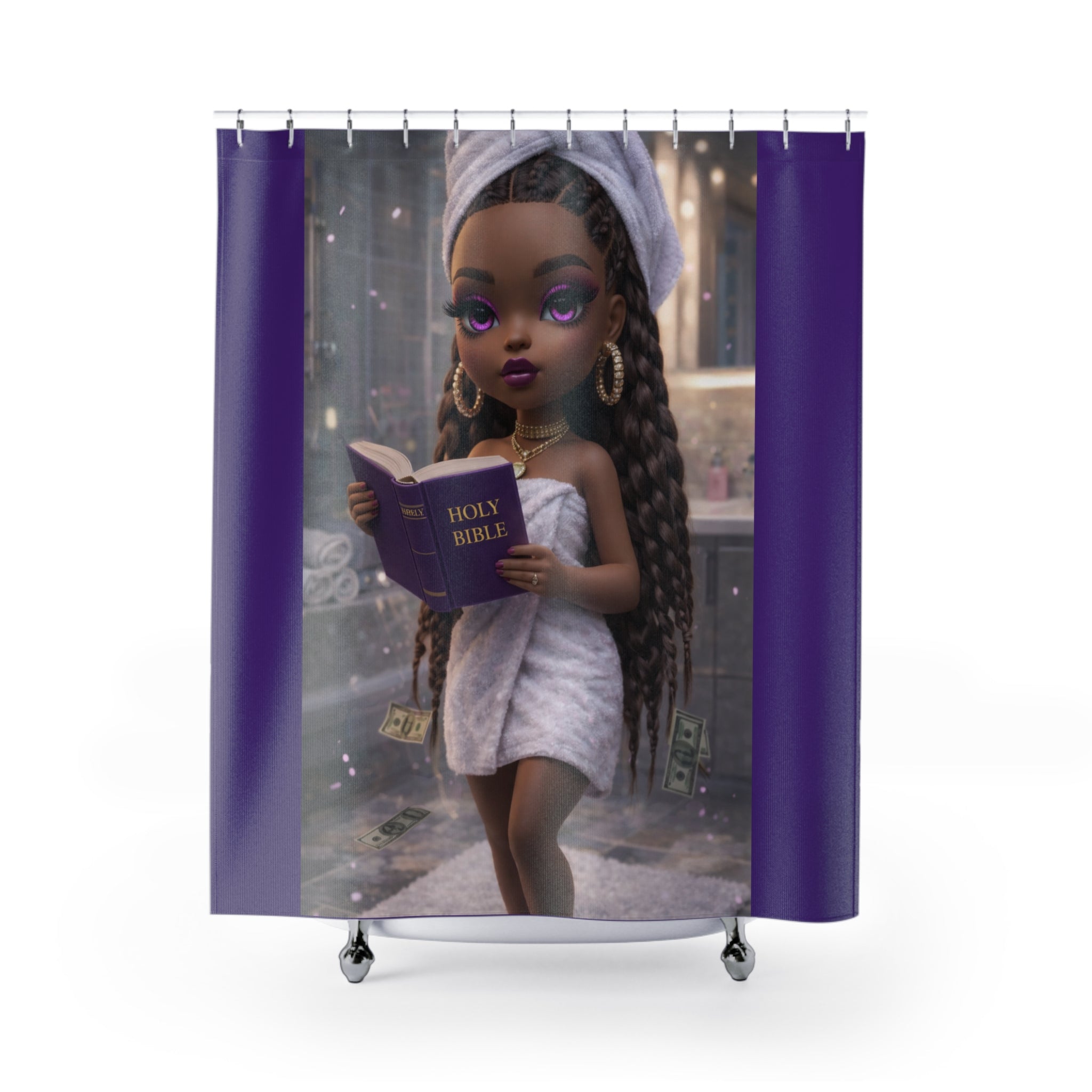 Purple Glam Faith-Inspired Shower Curtain | Stylish Doll Bathroom Decor