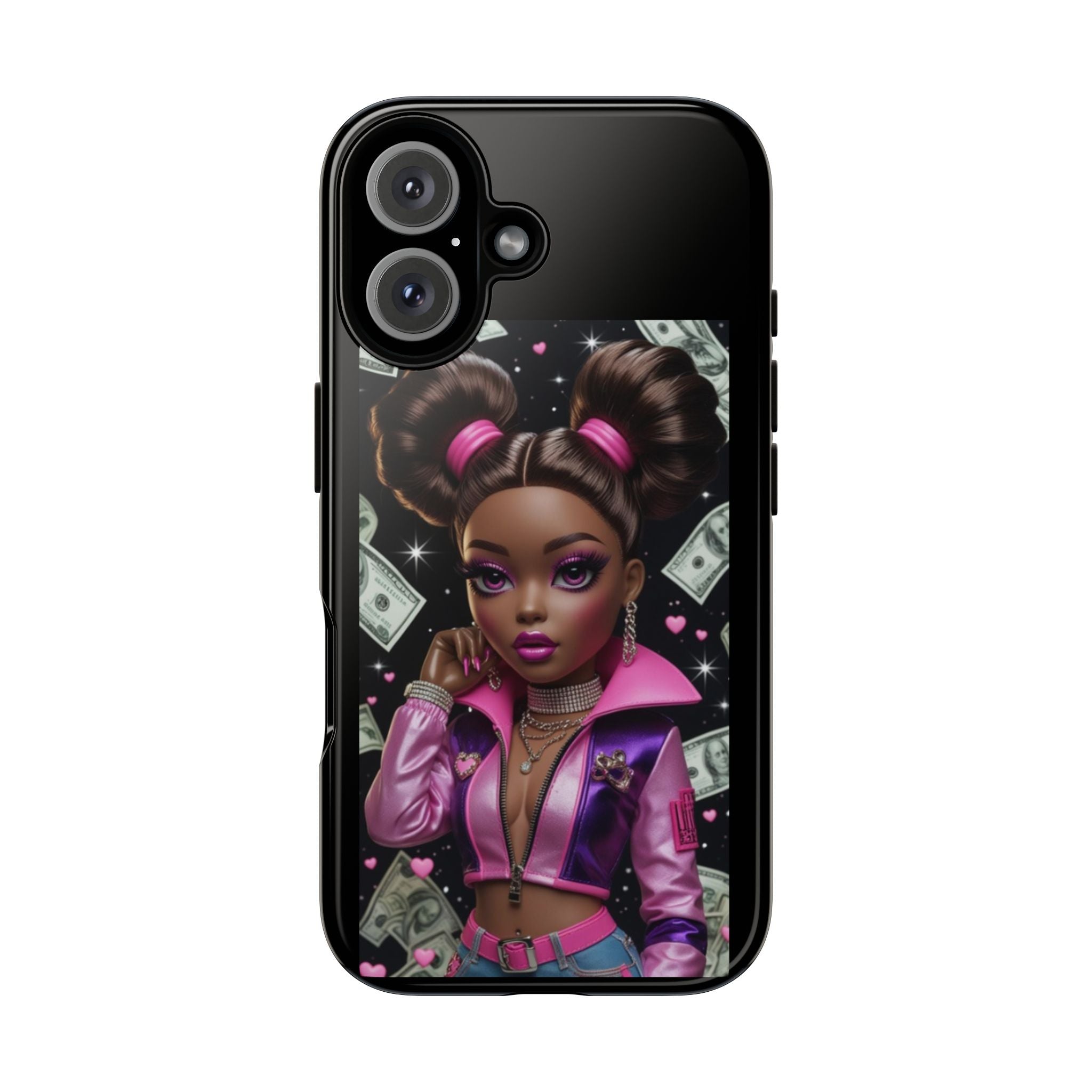 Money Babe Tough Phone Case — Afro Puff Girl Pink Leather Jacket