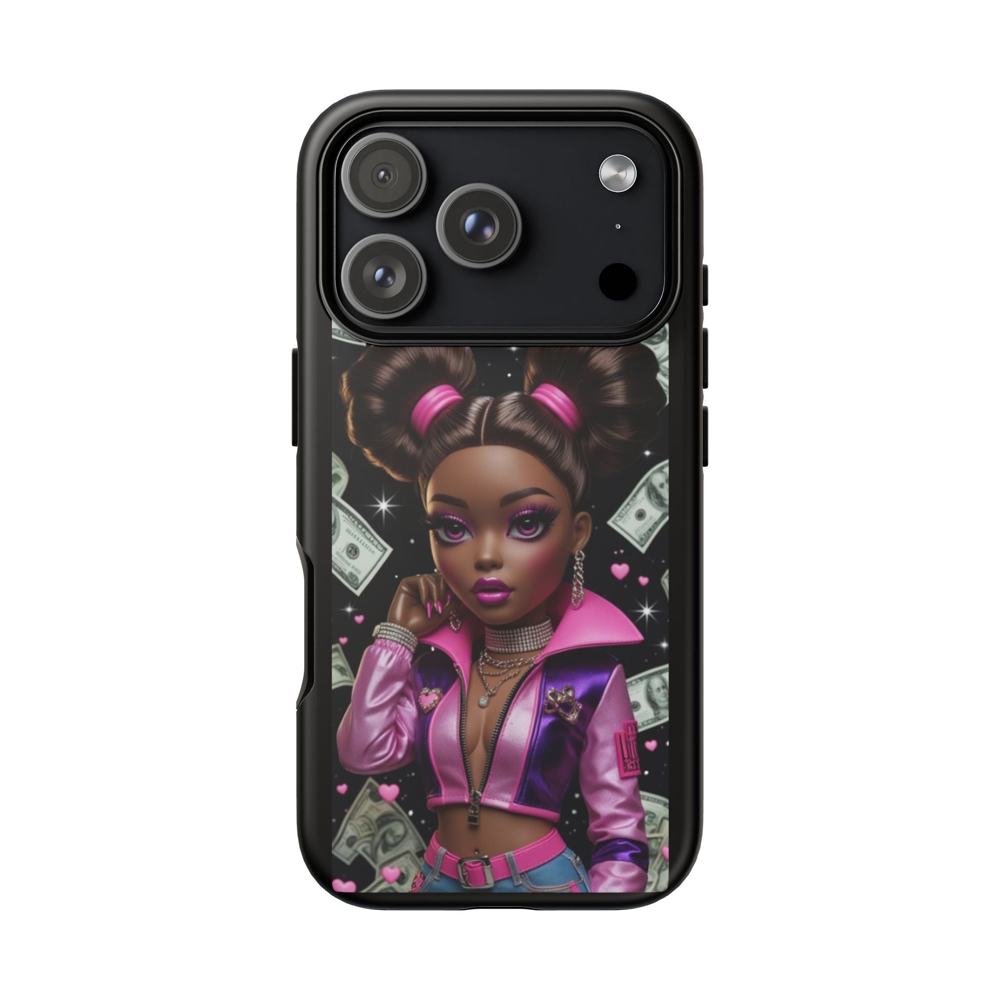 Money Babe Tough Phone Case — Afro Puff Girl Pink Leather Jacket