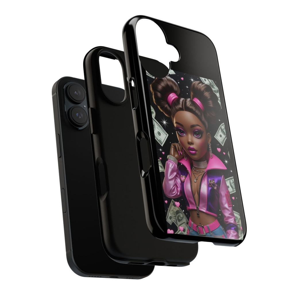 Money Babe Tough Phone Case — Afro Puff Girl Pink Leather Jacket