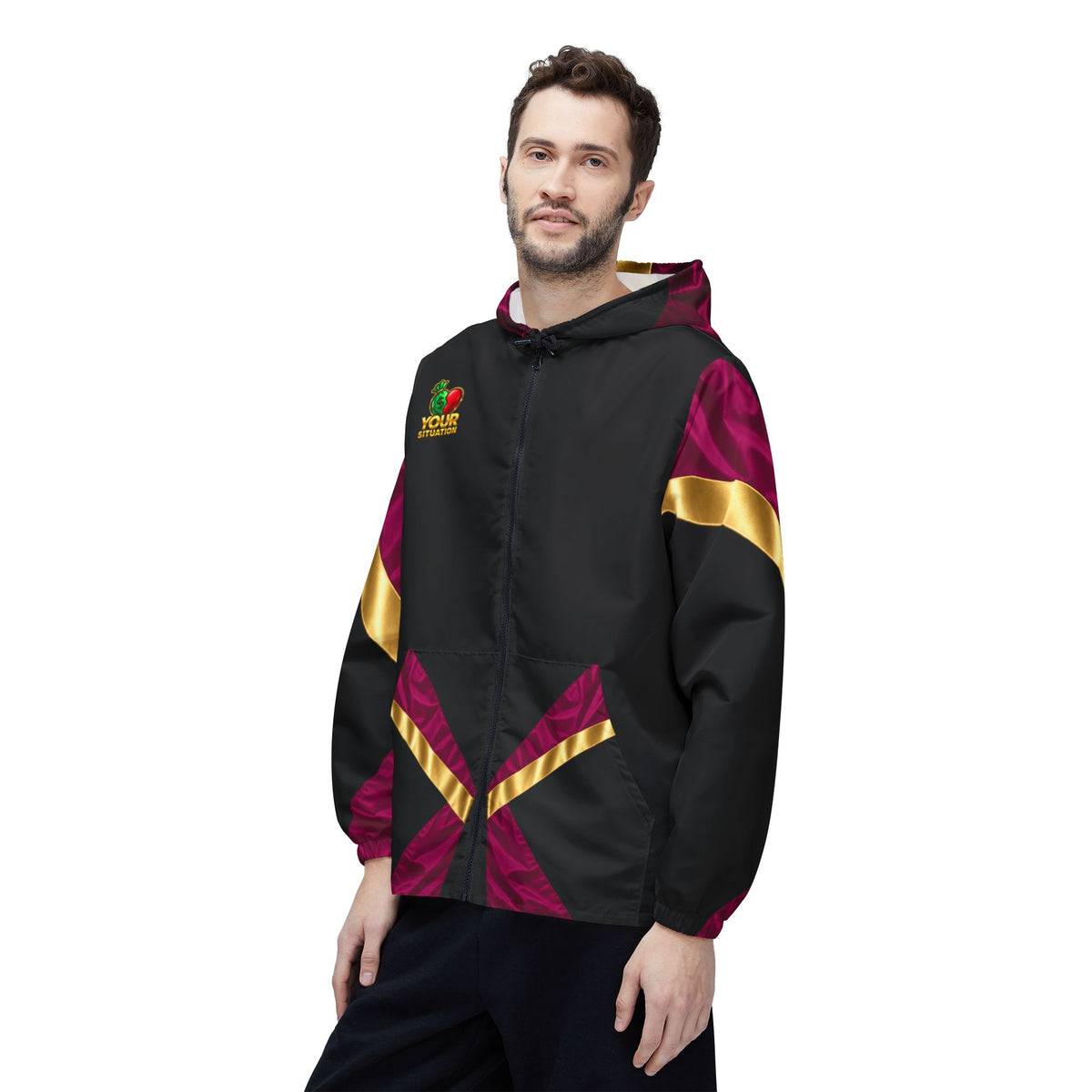 Red Heart & Money Bag Windbreaker Jacket — "Your Situation" Graphic Hooded Windbreaker