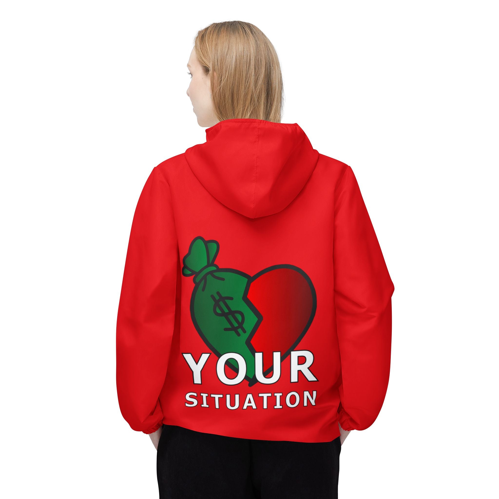 Red Heart & Money Bag Windbreaker Jacket — "Your Situation" Graphic Hooded Windbreaker
