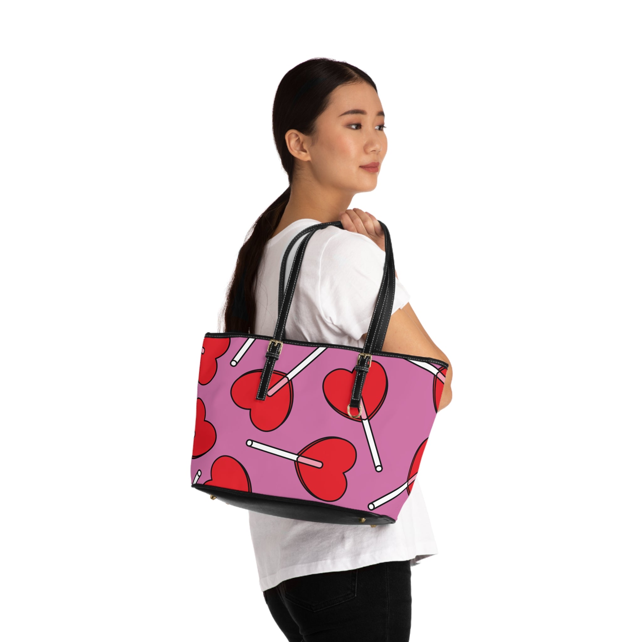 Heart Lollipop Tote Bag — Pink Valentine PU Leather Shoulder Bag