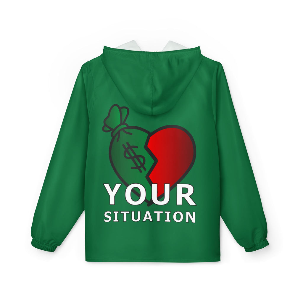 Red Heart & Money Bag Windbreaker Jacket — "Your Situation" Graphic Hooded Windbreaker