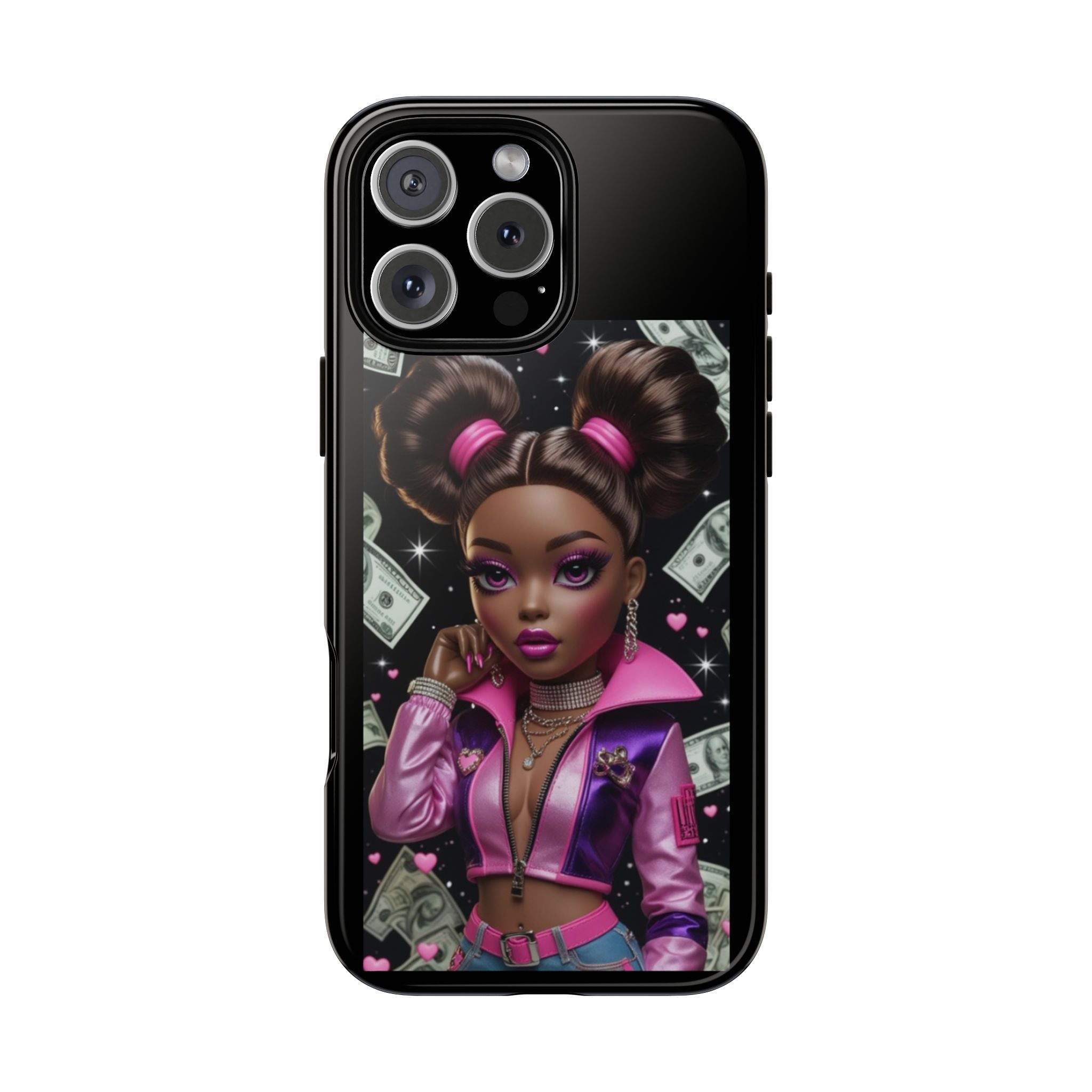 Money Babe Tough Phone Case — Afro Puff Girl Pink Leather Jacket