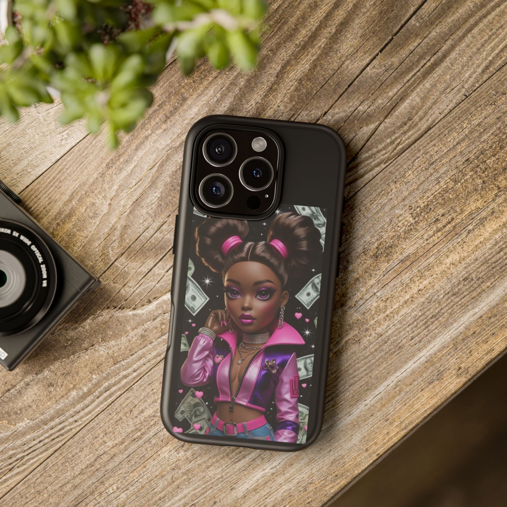 Money Babe Tough Phone Case — Afro Puff Girl Pink Leather Jacket