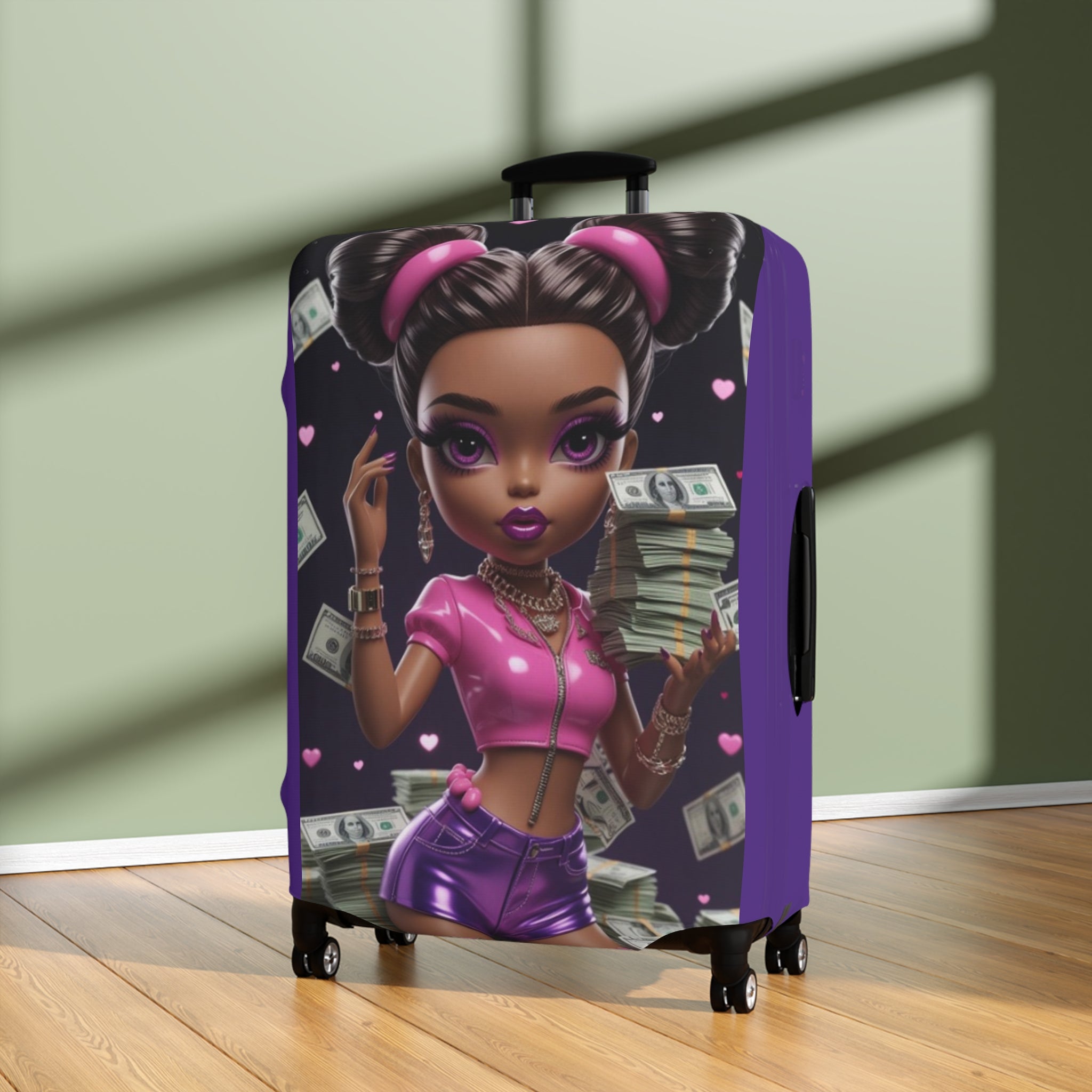 Cute Black Girl Power Luggage Cover — Girly Money Stack Travel Protector (Purple)