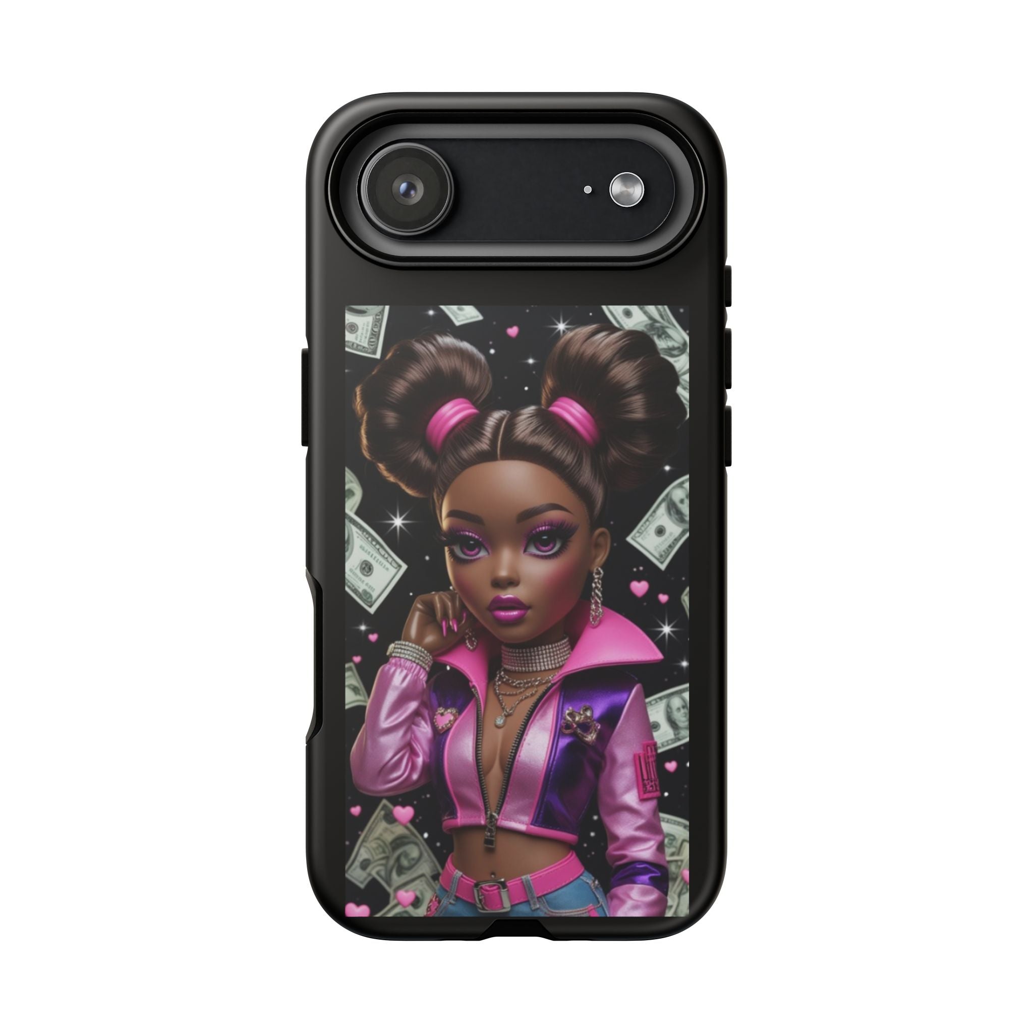 Money Babe Tough Phone Case — Afro Puff Girl Pink Leather Jacket