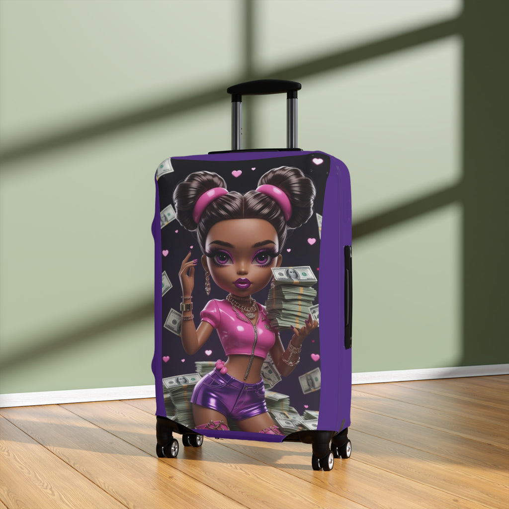 Cute Black Girl Power Luggage Cover — Girly Money Stack Travel Protector (Purple)