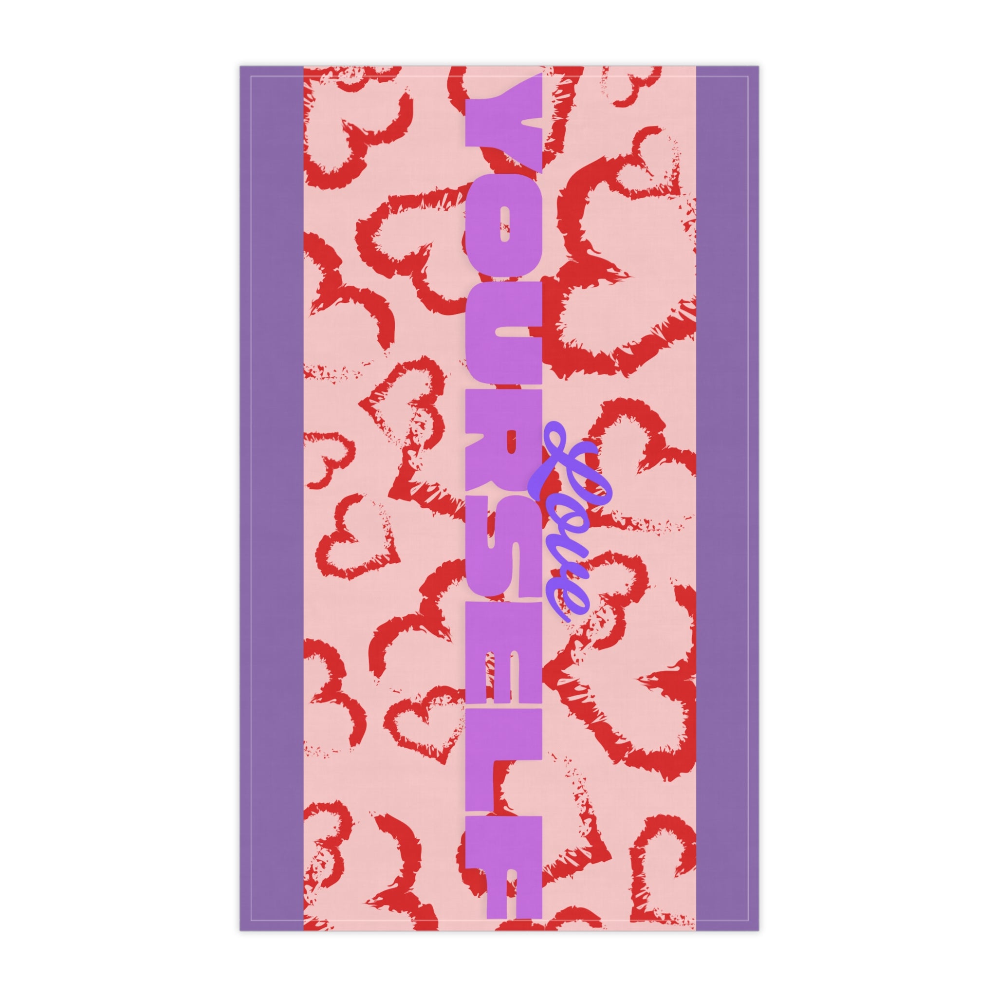 Tea Towel — Love Yourself Heart Pattern (Valentine’s Day, Self‑Care Kitchen Decor)