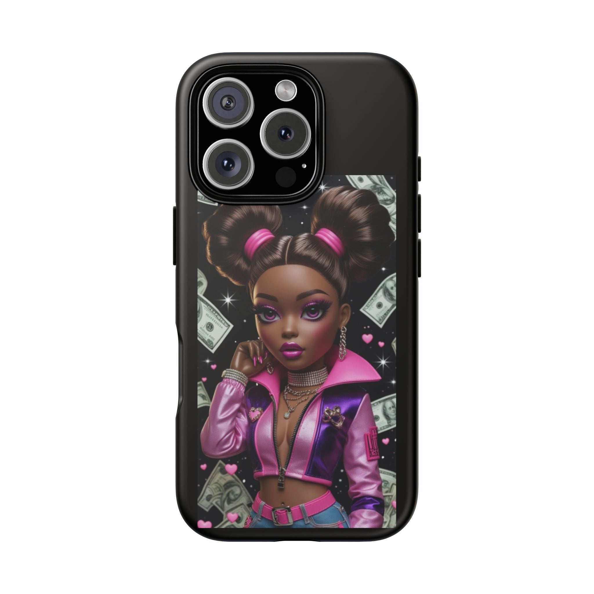 Money Babe Tough Phone Case — Afro Puff Girl Pink Leather Jacket