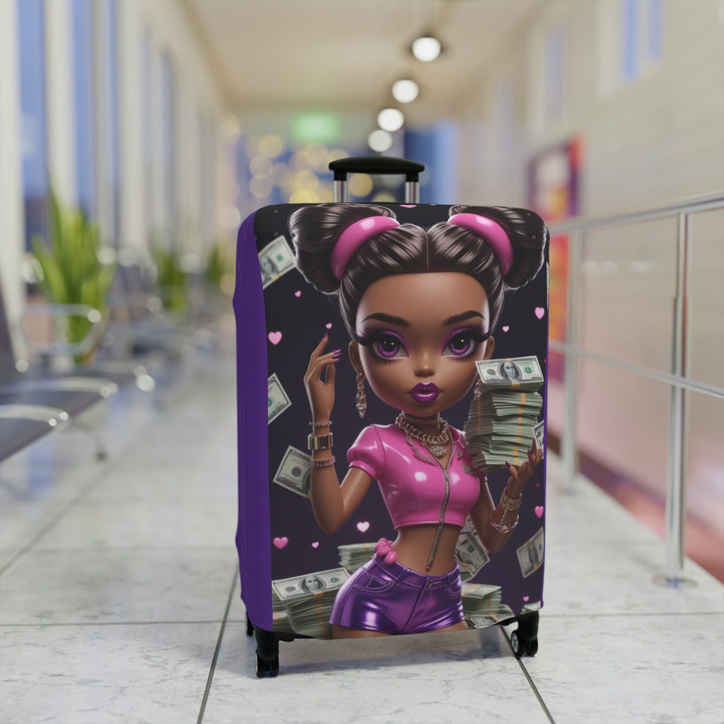 Cute Black Girl Power Luggage Cover — Girly Money Stack Travel Protector (Purple)