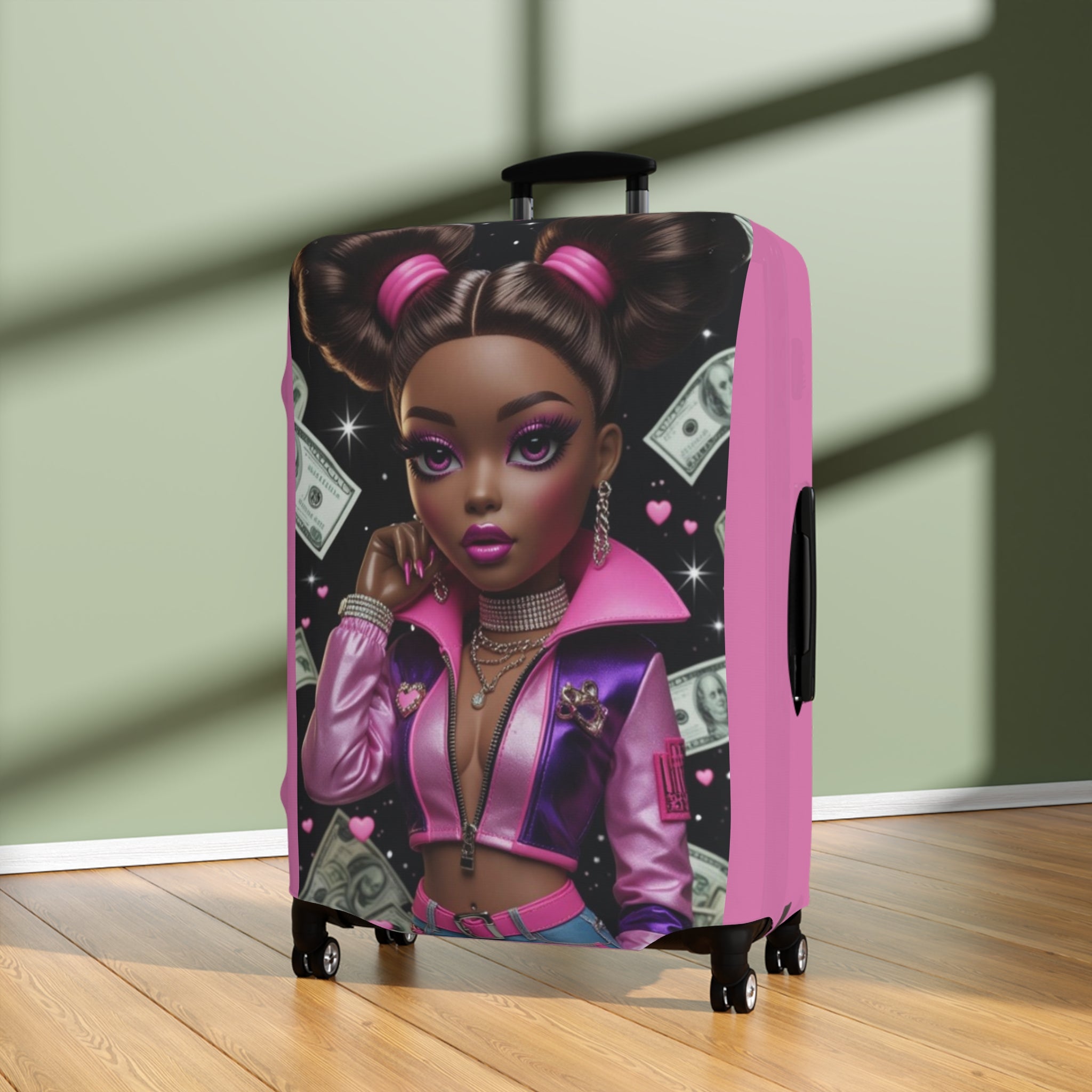Pink Boss Babe Luggage Cover — Stylish Travel Case Protector with Money Girl Illustration