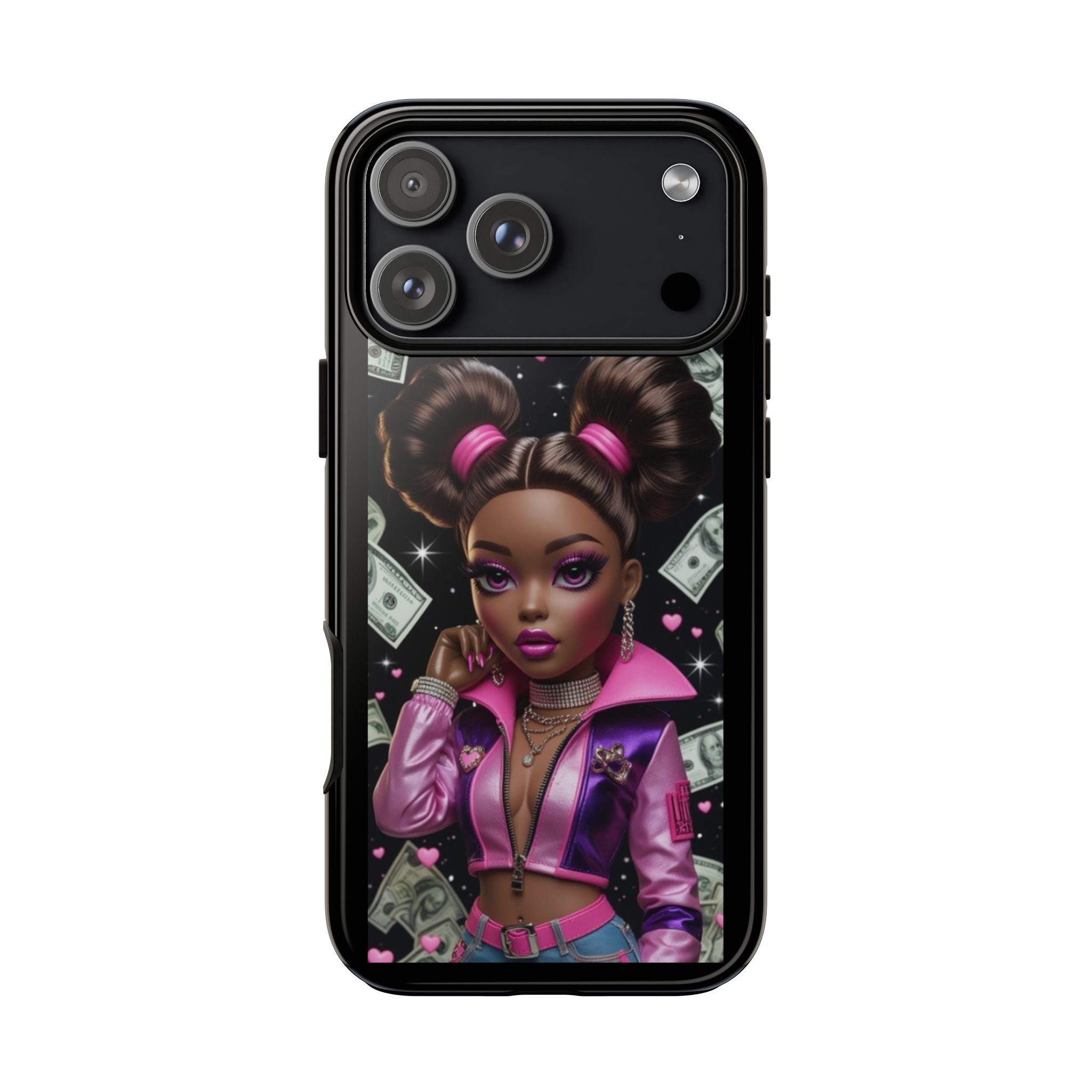 Money Babe Tough Phone Case — Afro Puff Girl Pink Leather Jacket
